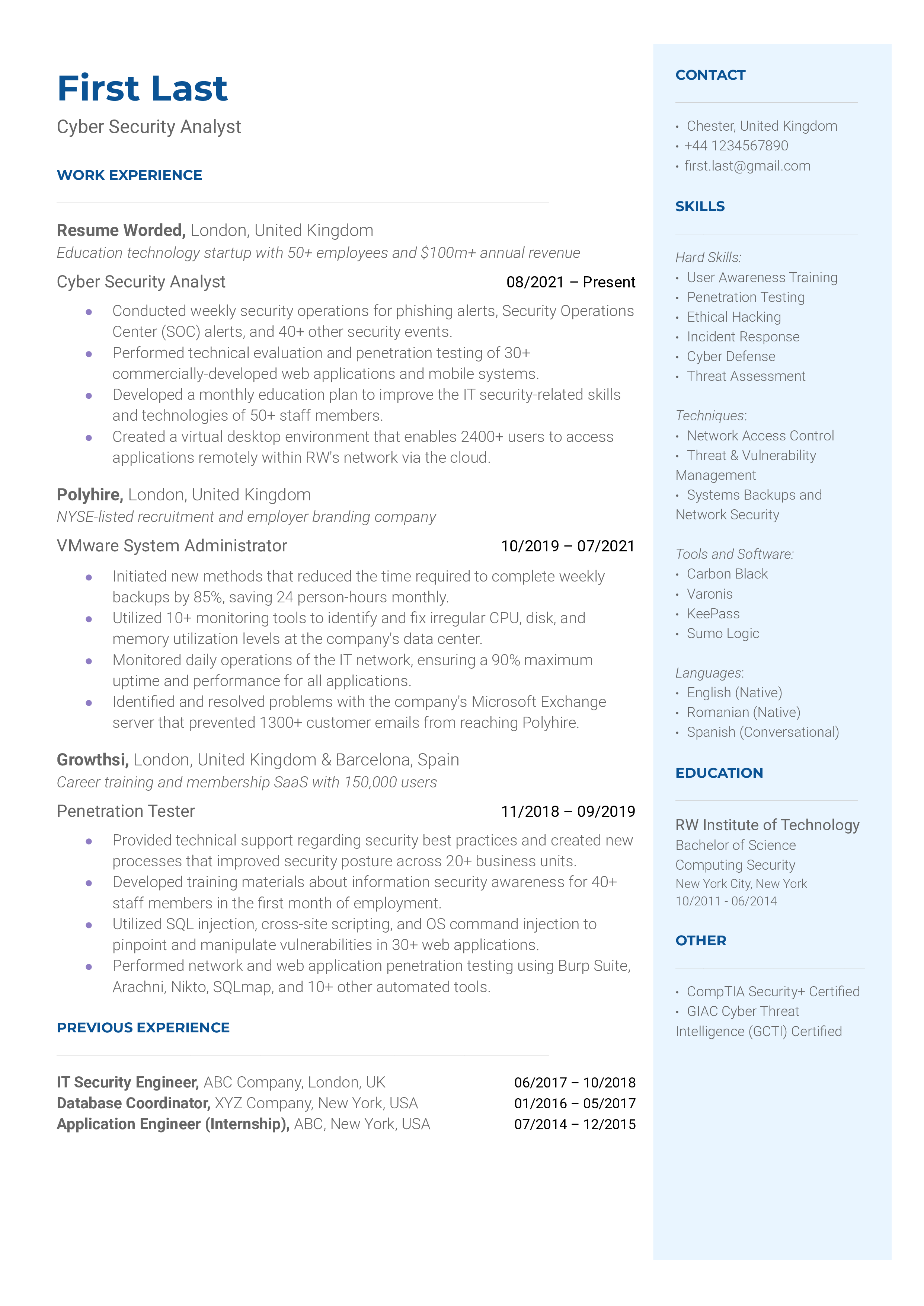 Snapshot of a Cyber Security Analyst's CV showcasing relevant skills, experience and certifications.