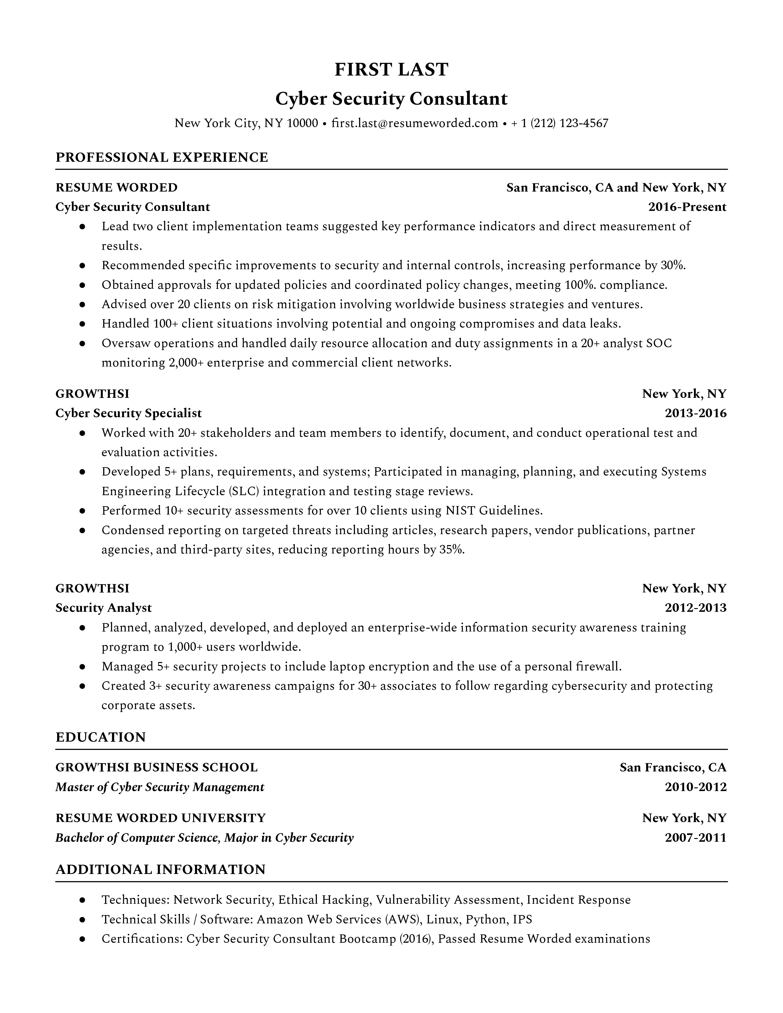 Picture of a CV for a Cyber Security Consultant role.