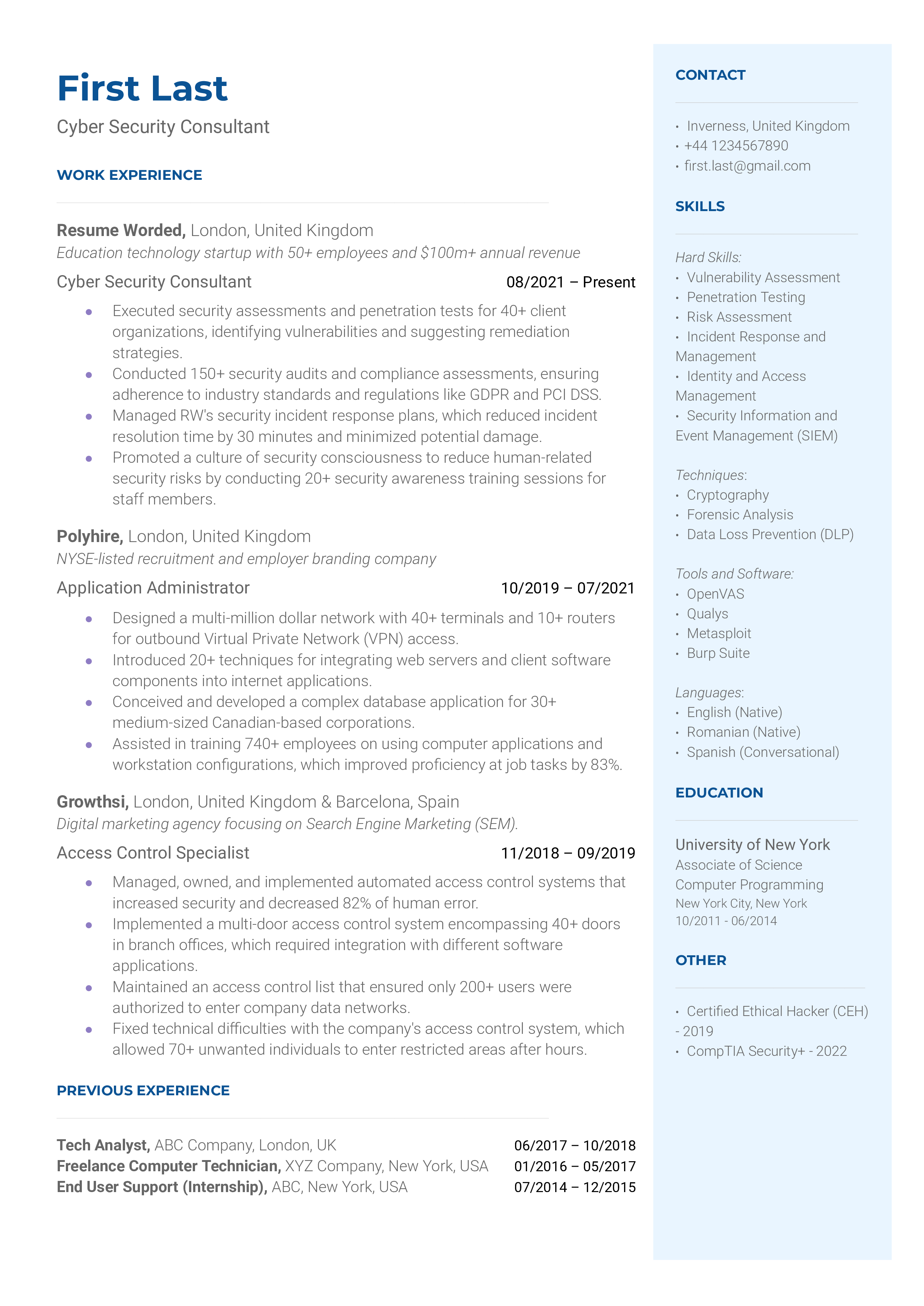 Cyber security consultant resume sample