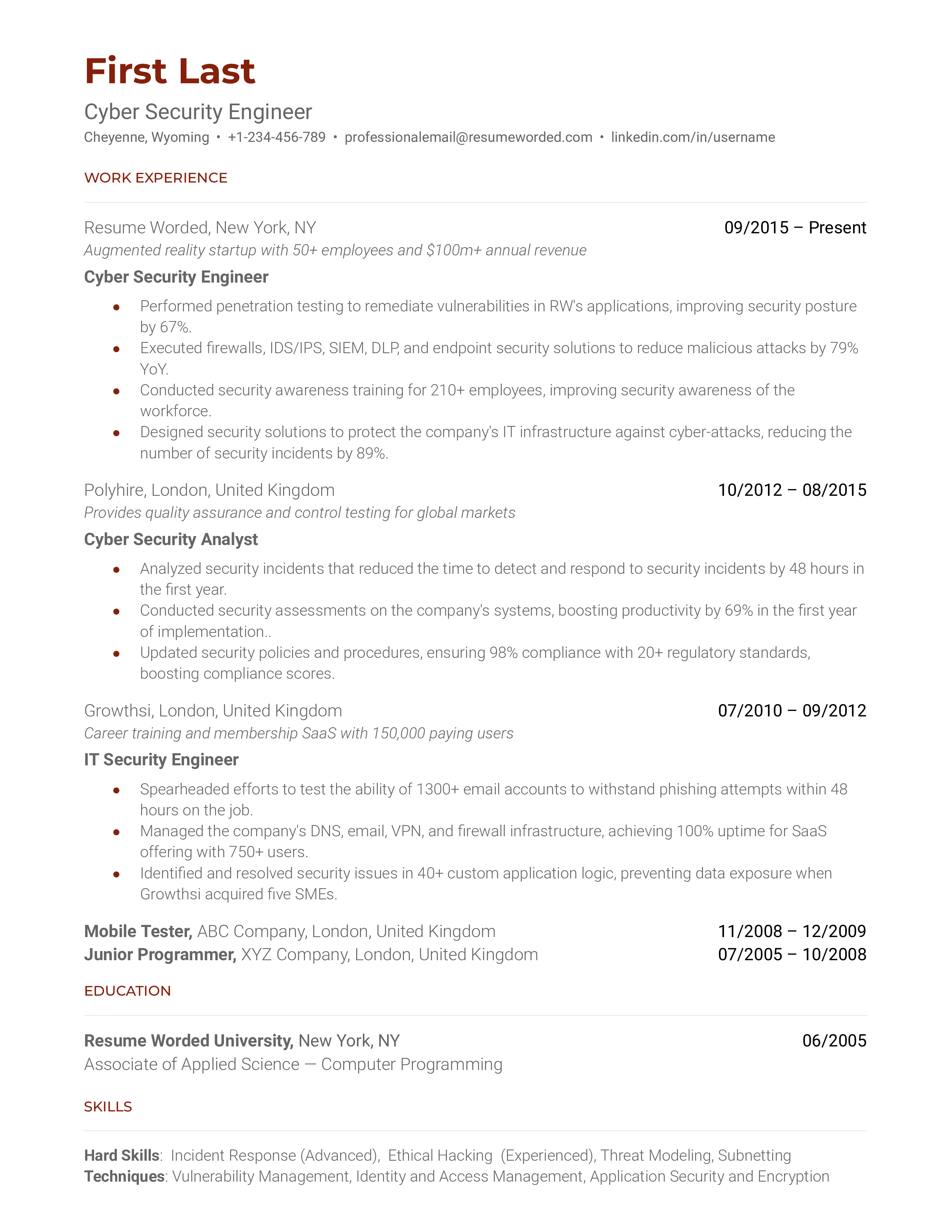 A well-structured CV for a prospective Cyber Security Engineer demonstrating hands-on experience and current security knowledge.