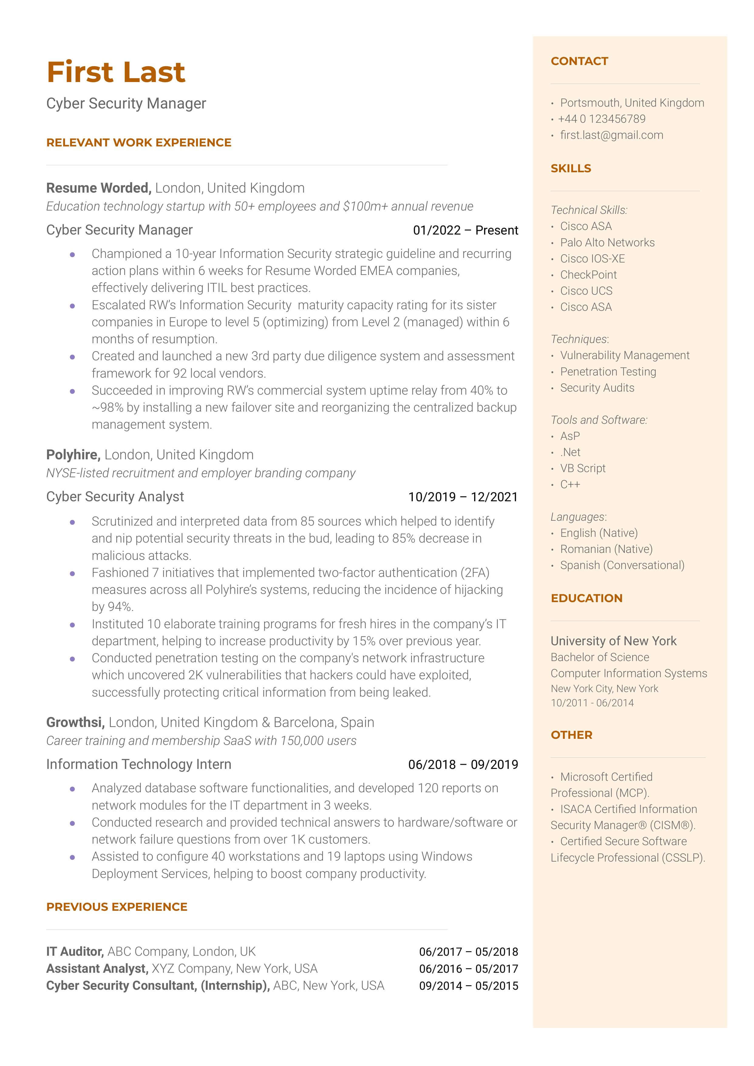 A template example resume regarding cyber security manager shows how to create a good resume