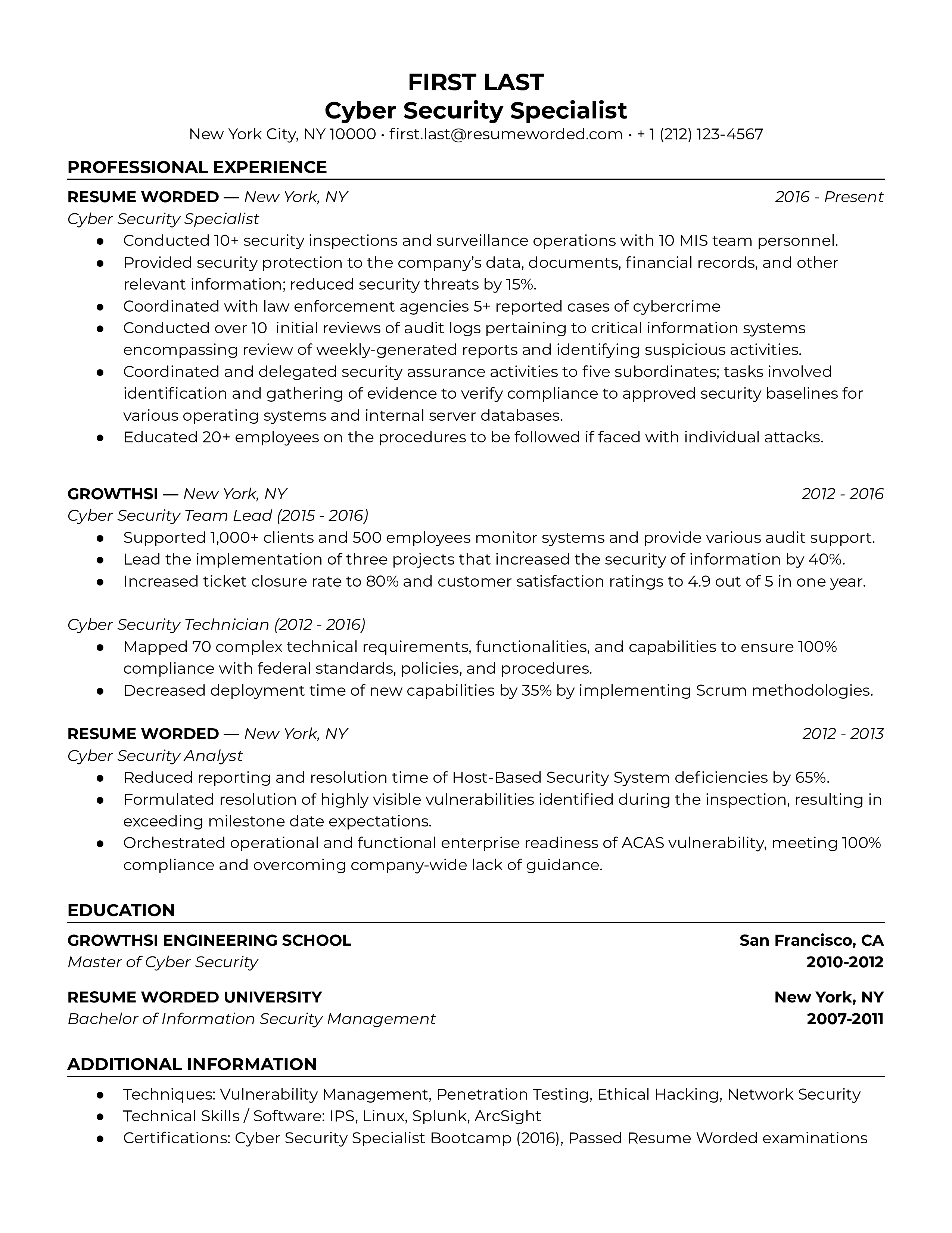 Cyber security specialist resume which prioritizes recent jobs and includes a job title