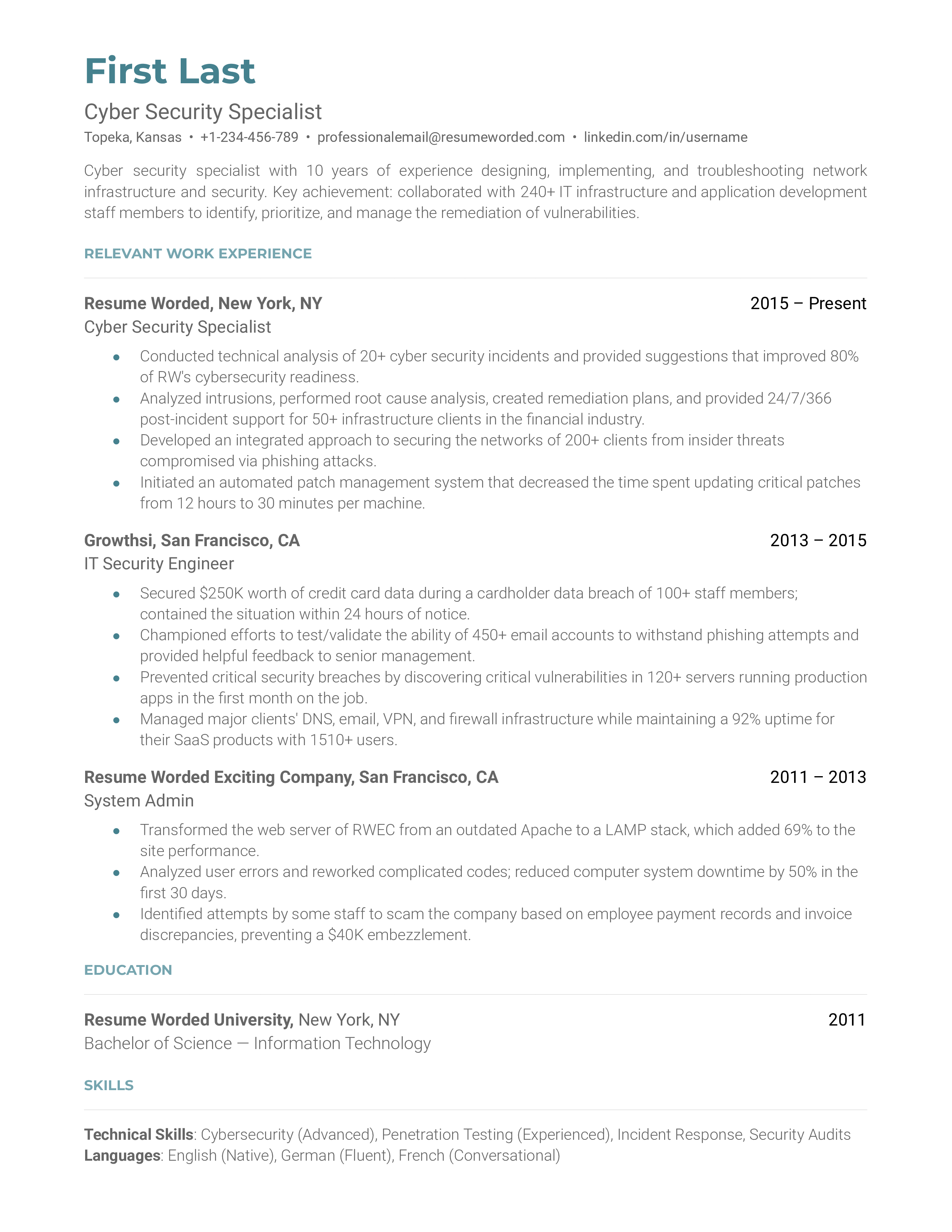 A cyber security specialist resume template prioritizing technical skills.
