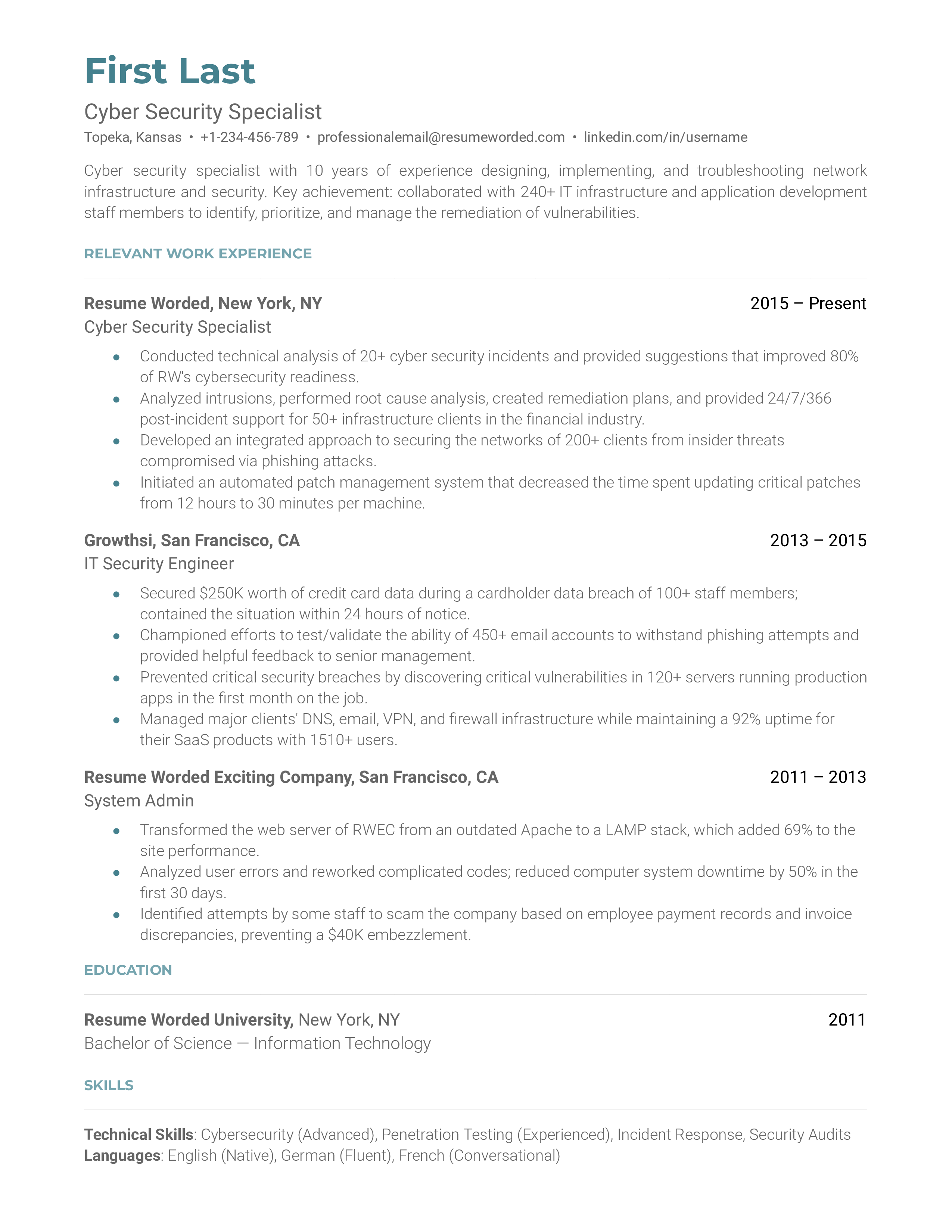 Cyber Security Specialist Resume Examples for 2024 Resume Worded