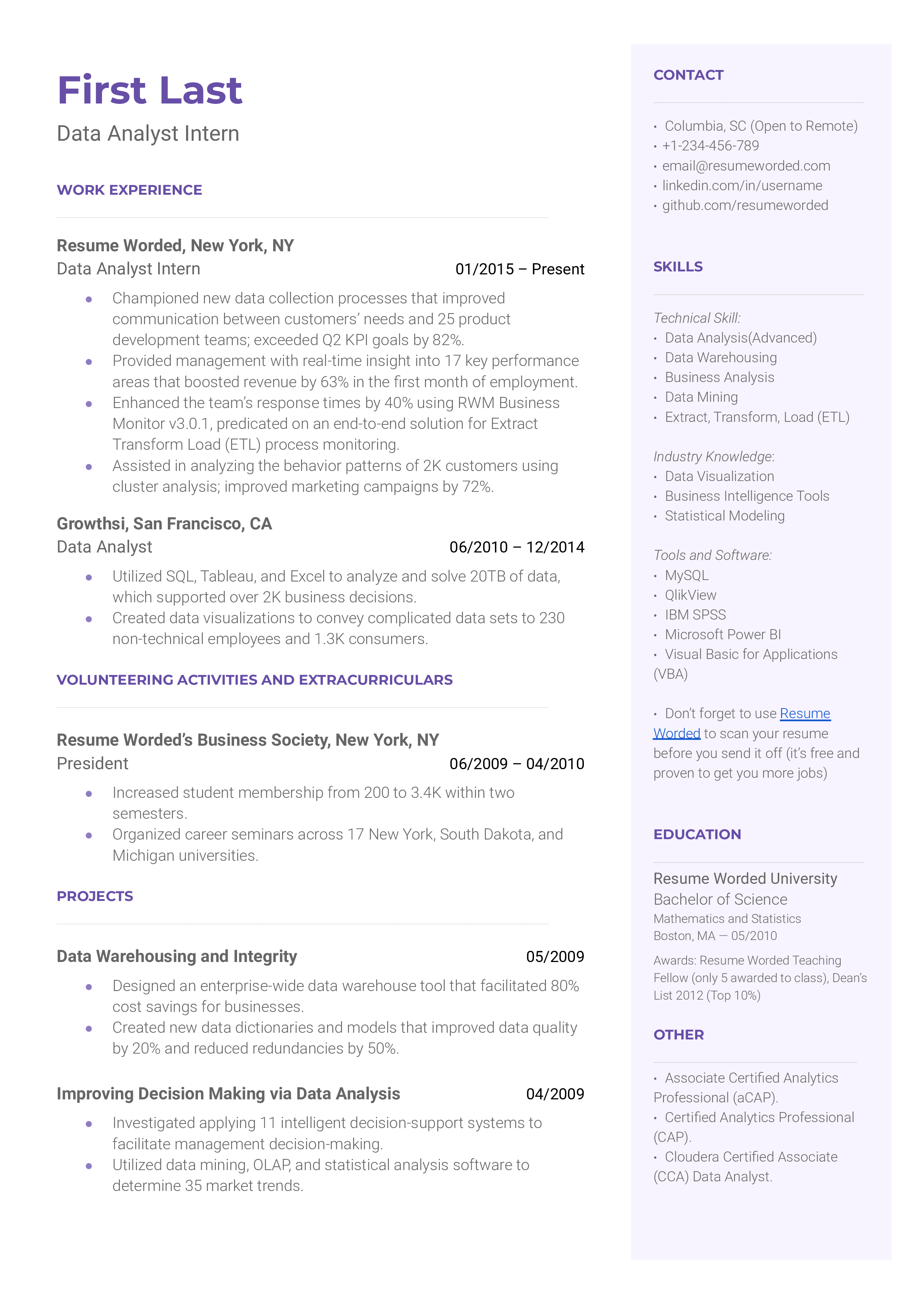 A CV for a Data Analyst Intern showing experience with relevant tools and problem-solving abilities.