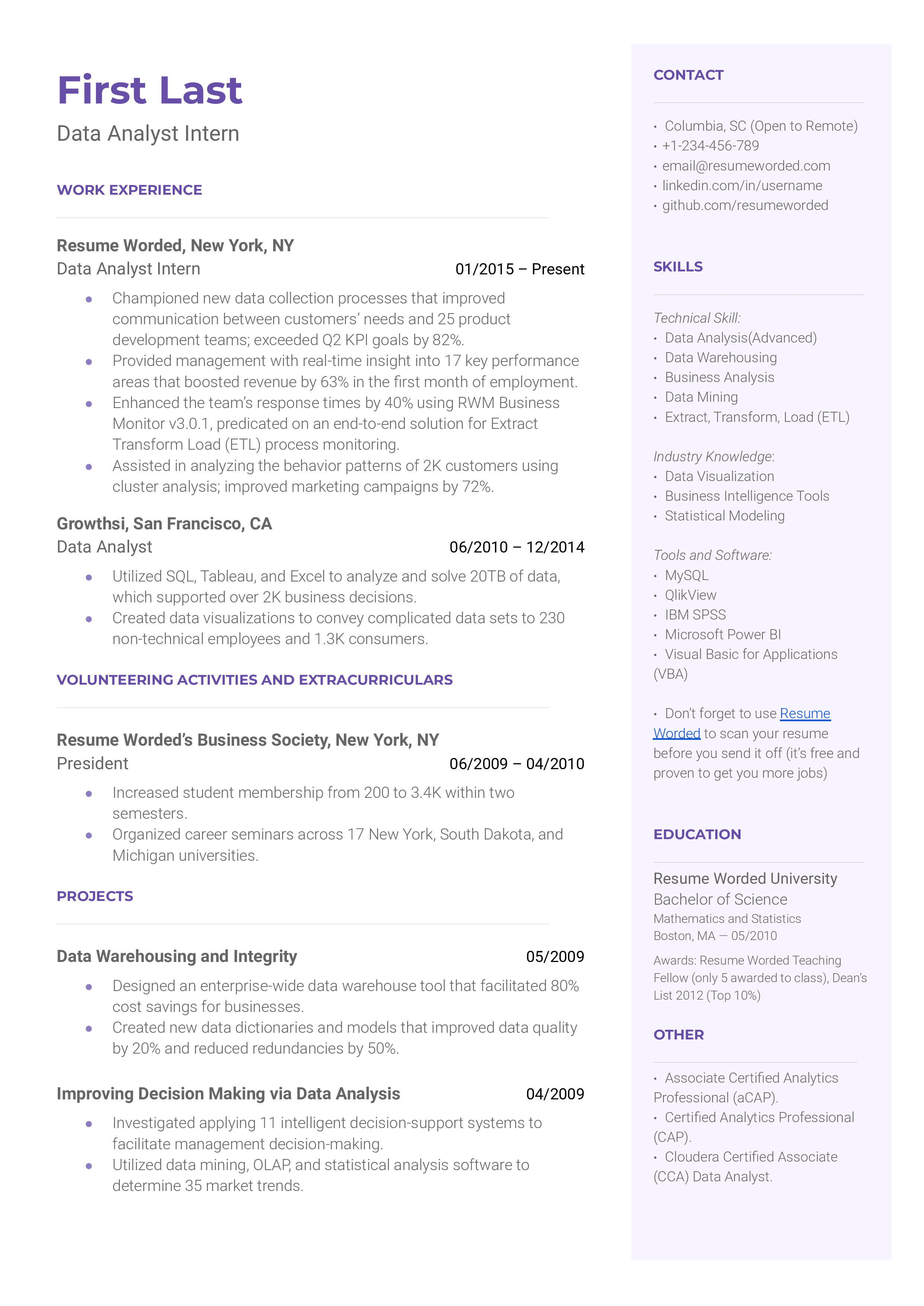 Data analyst intern resume sample that highlights the applicant's certifications, skills sections and transferable skills.