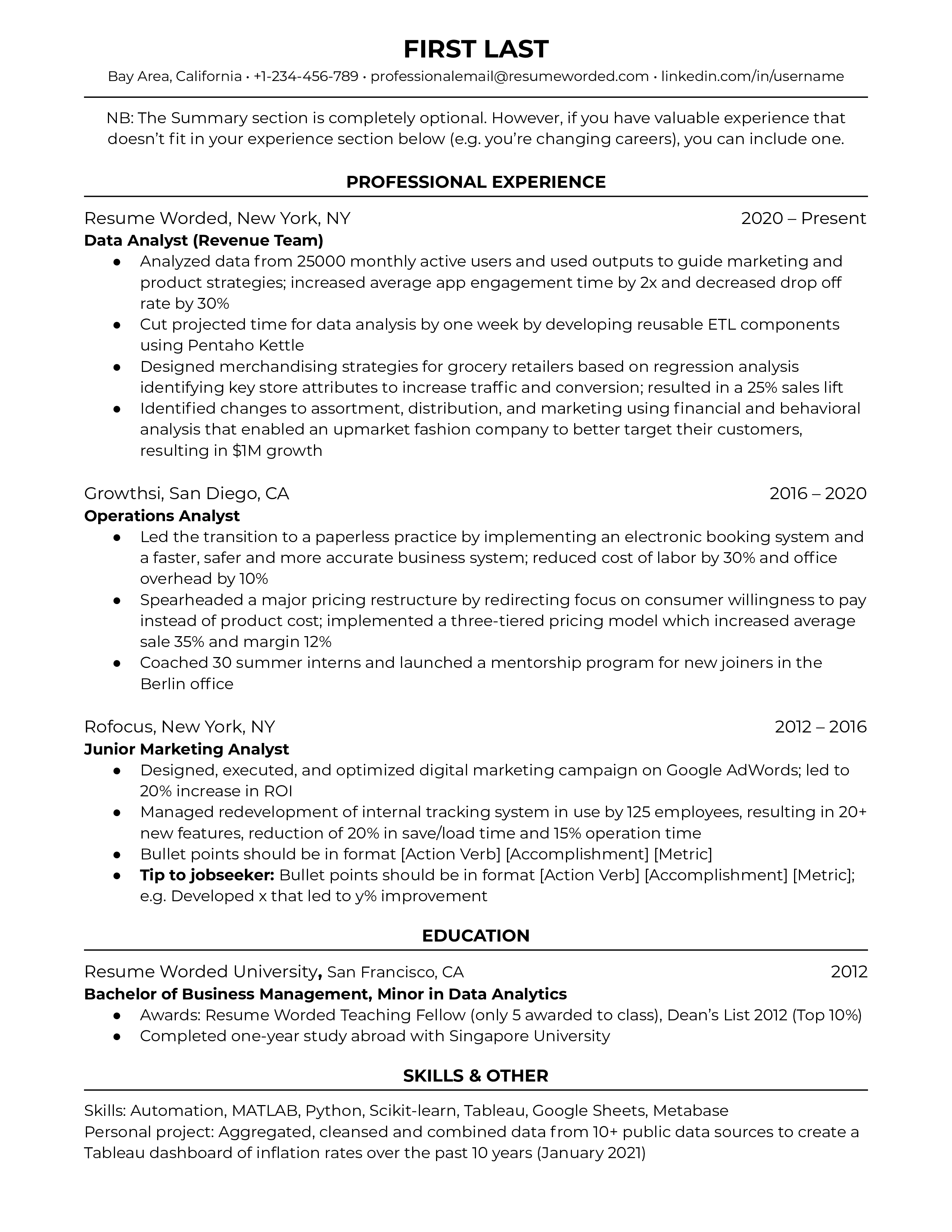 Data Analyst CV highlighting technical proficiency and impact on business outcomes.