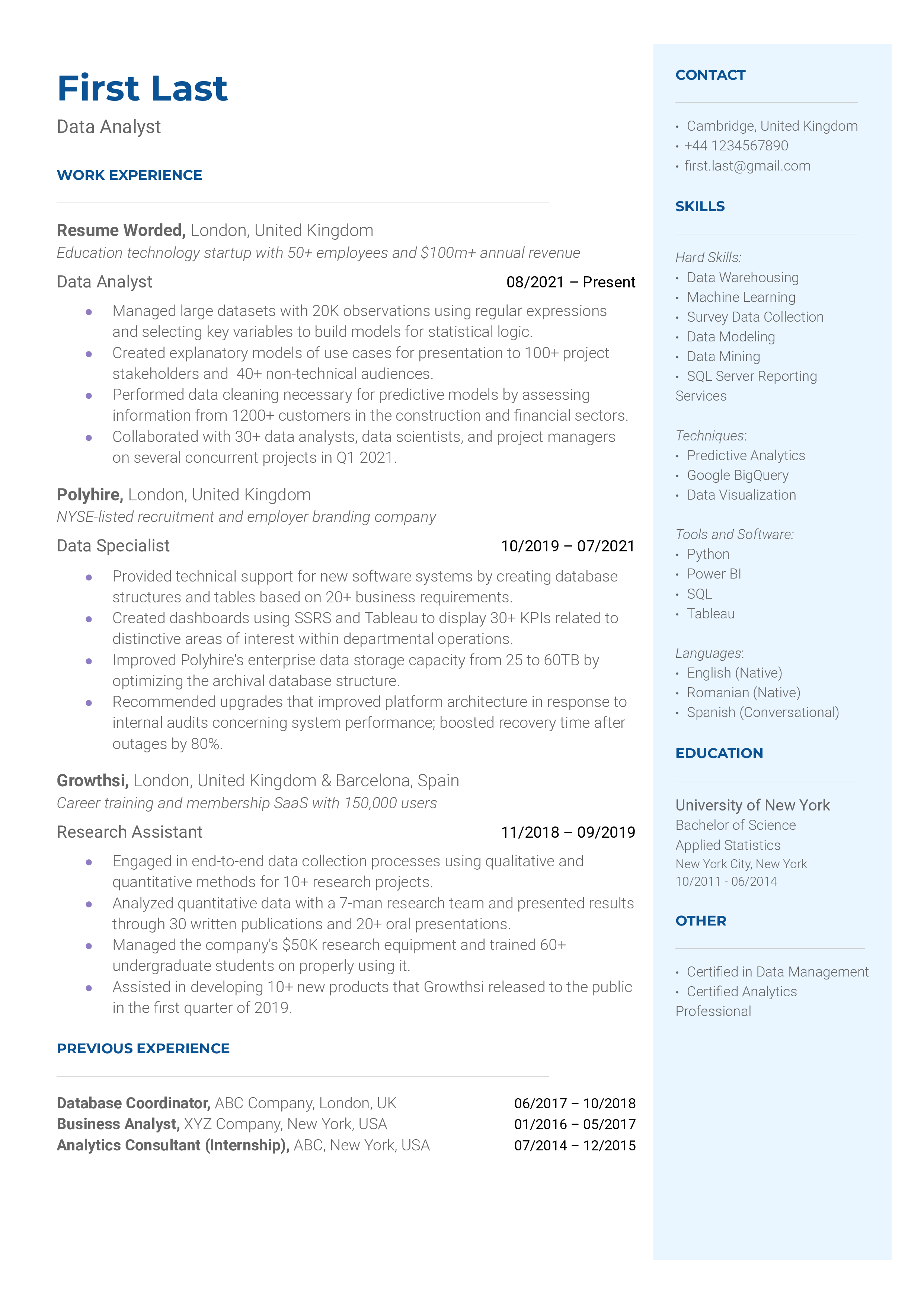 A data analyst resume template including data analysis certifications.