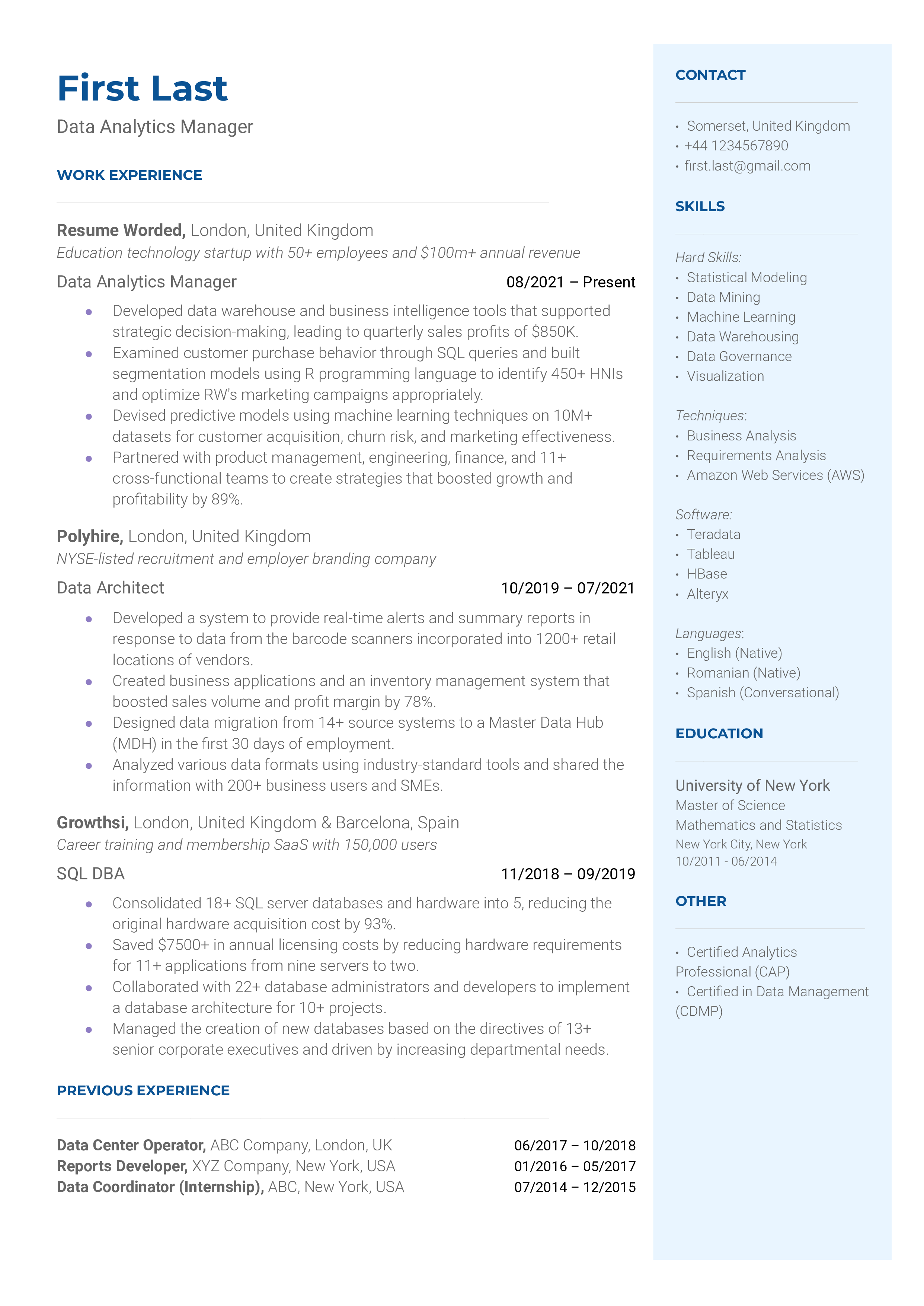 A data analytics manager resume template tailored to the IT industry.