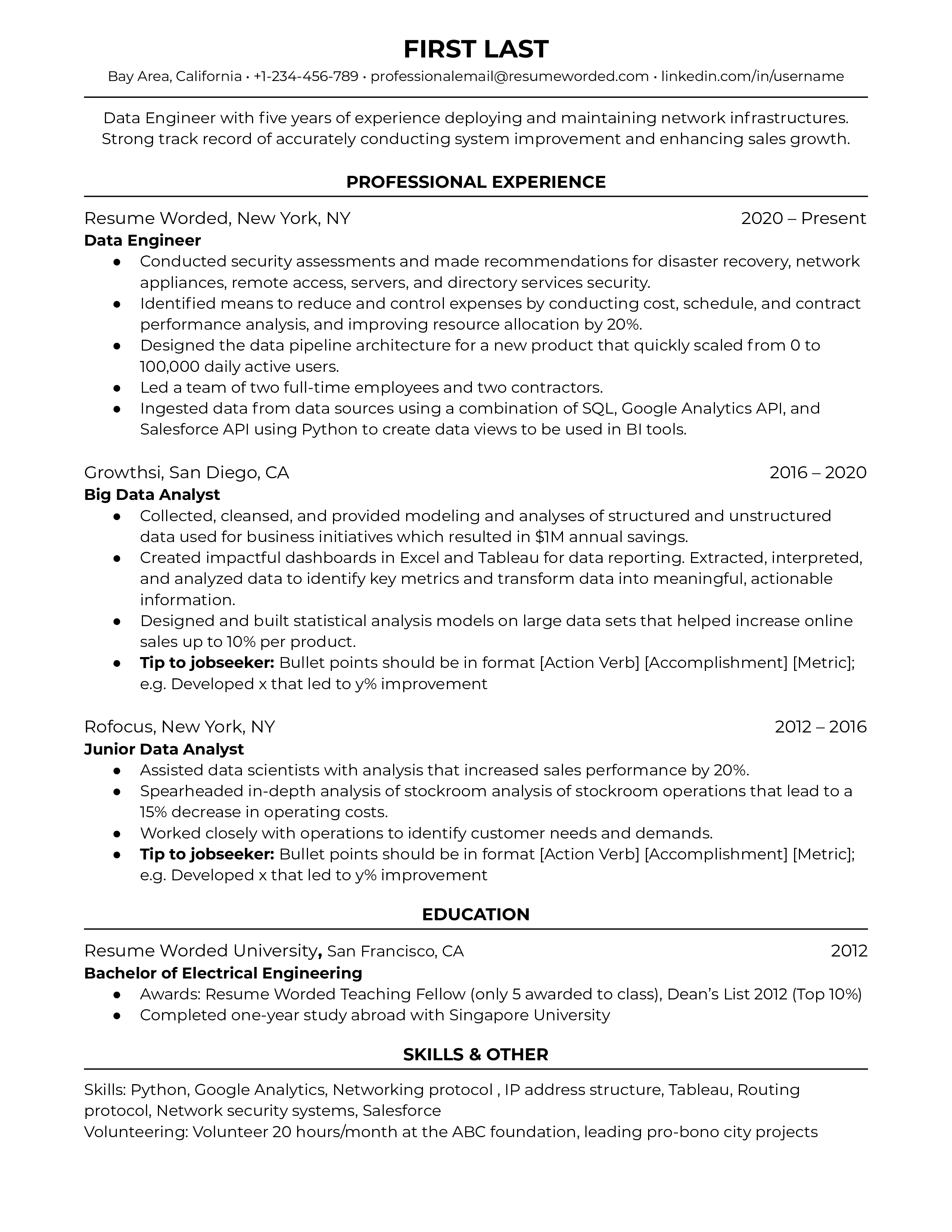 Data Engineer CV featuring technical skills and problem-solving experiences.