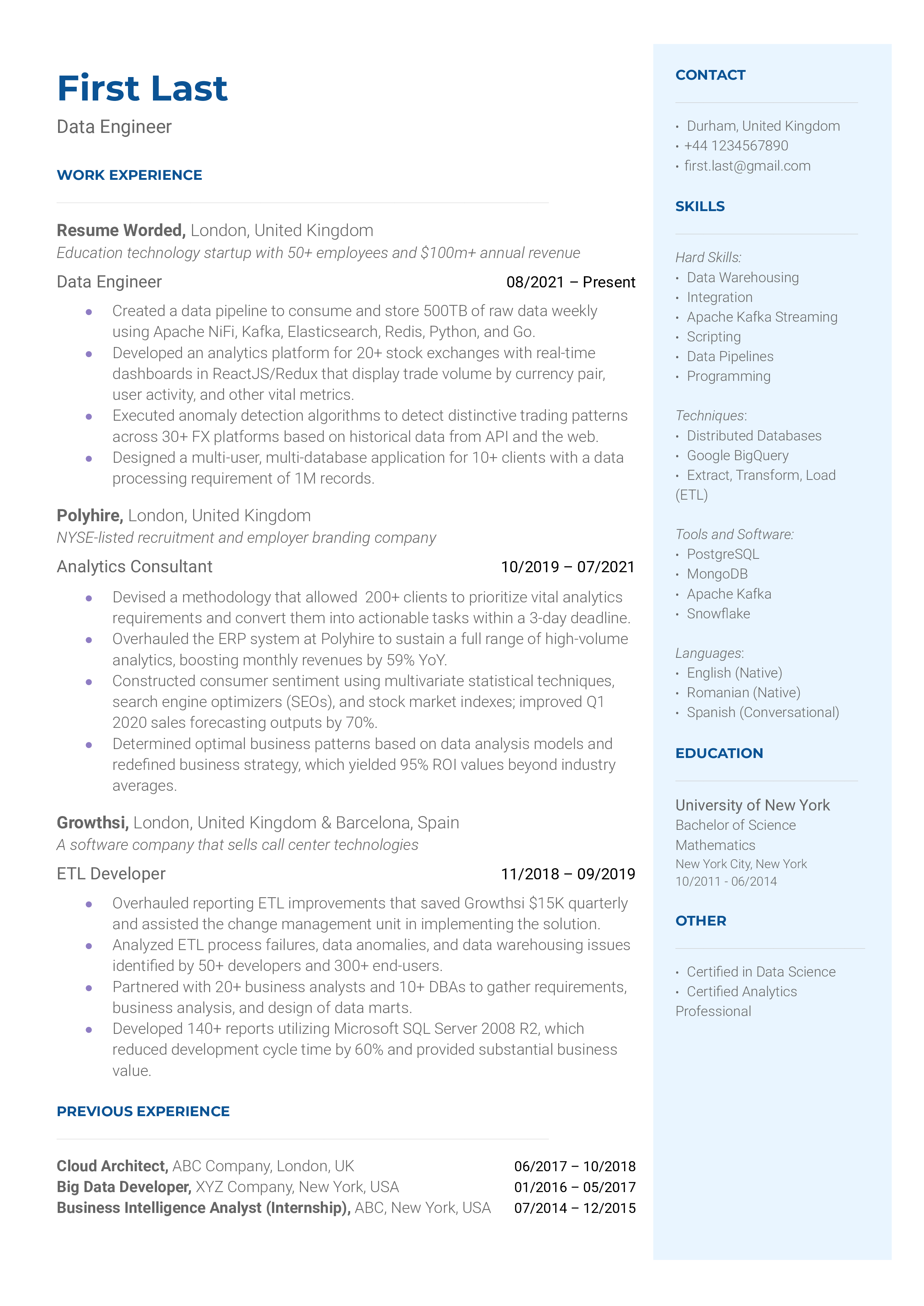 A data engineer resume template including data engineering techniques. 