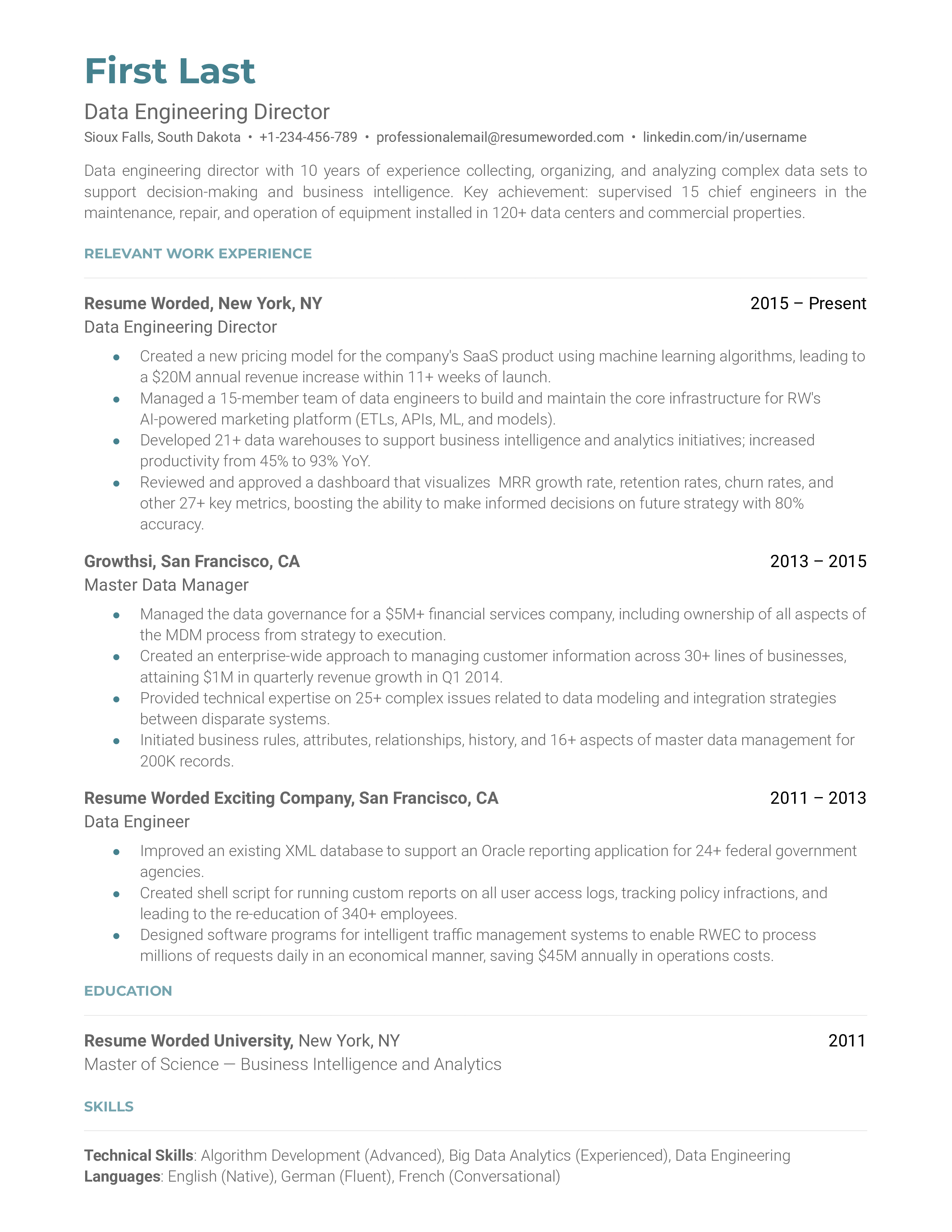 A data engineering director resume template focused on the data science field. 