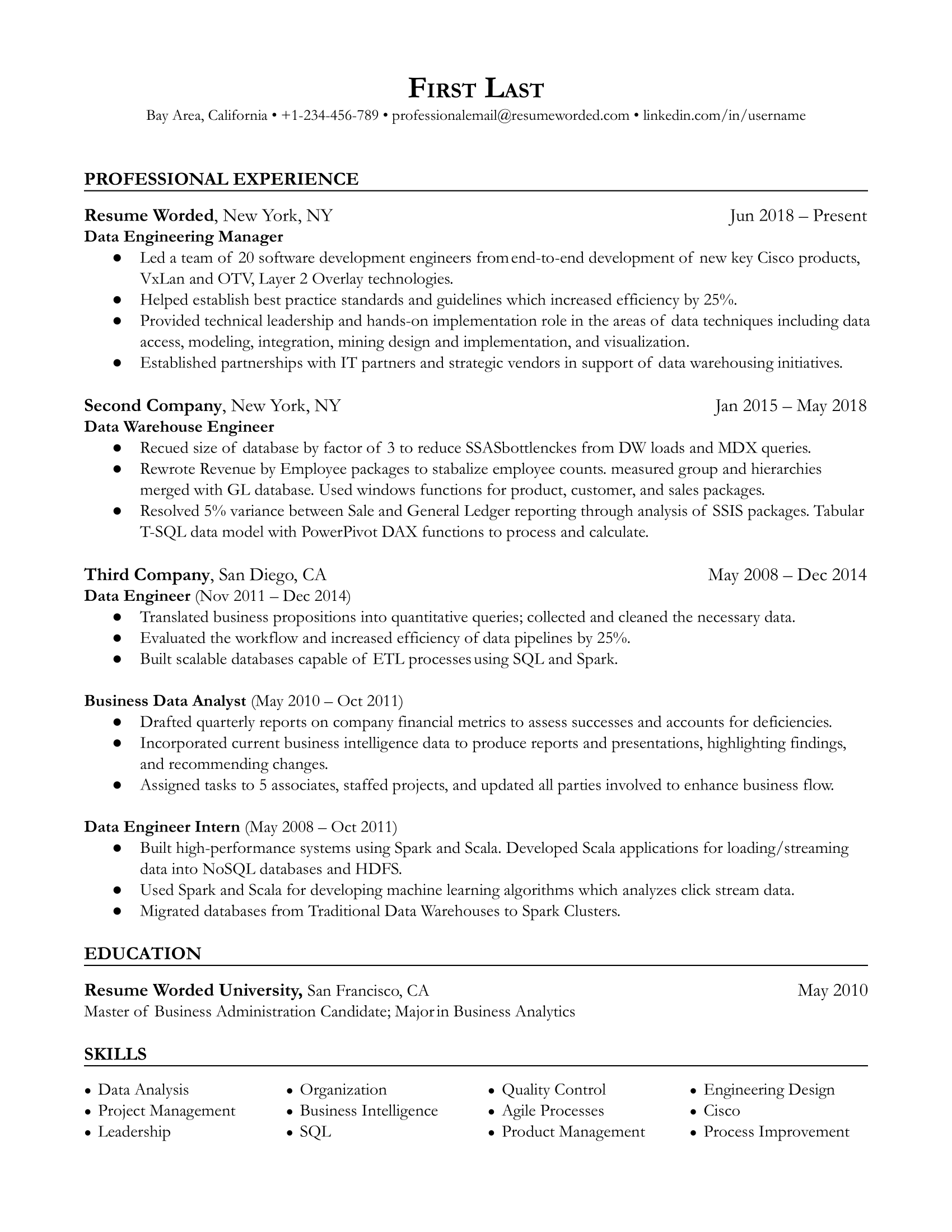 A CV for a Data Engineering Manager showcasing leadership skills and technical proficiency.