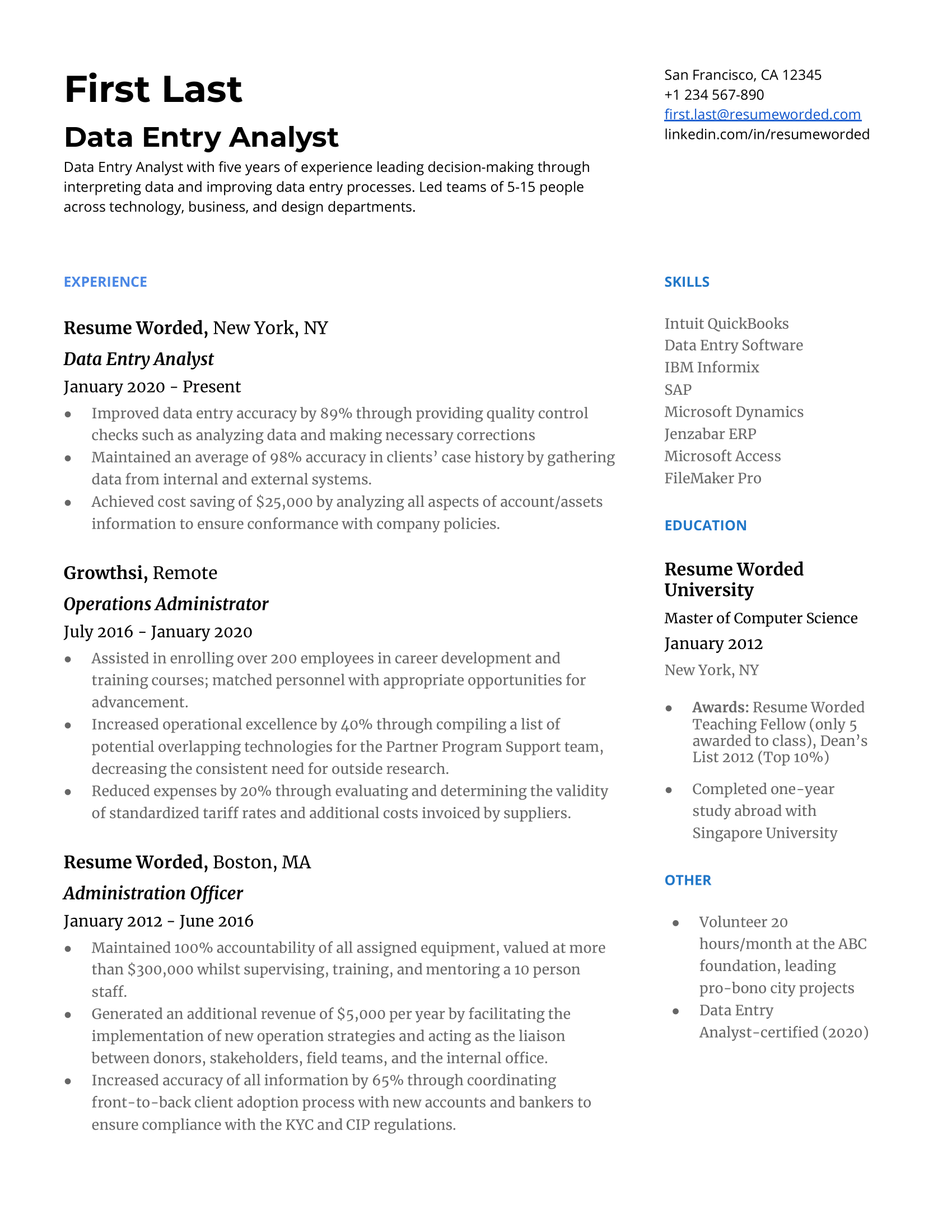 Data Entry resume showcasing typing speed and software expertise