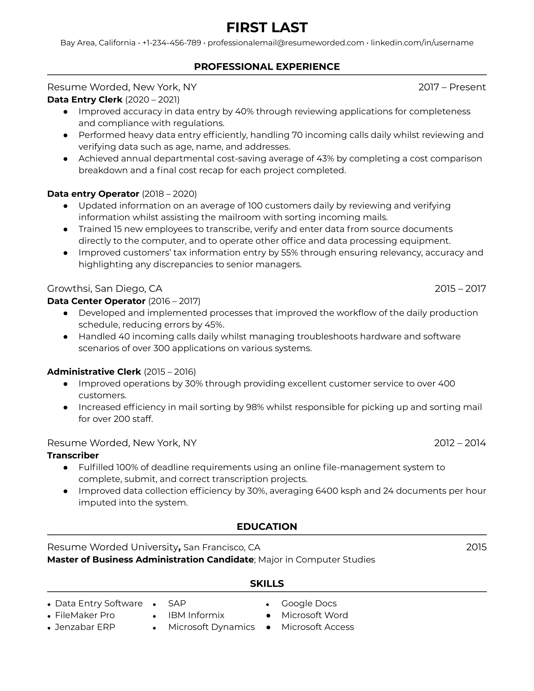 Data Entry Clerk Resume Sample