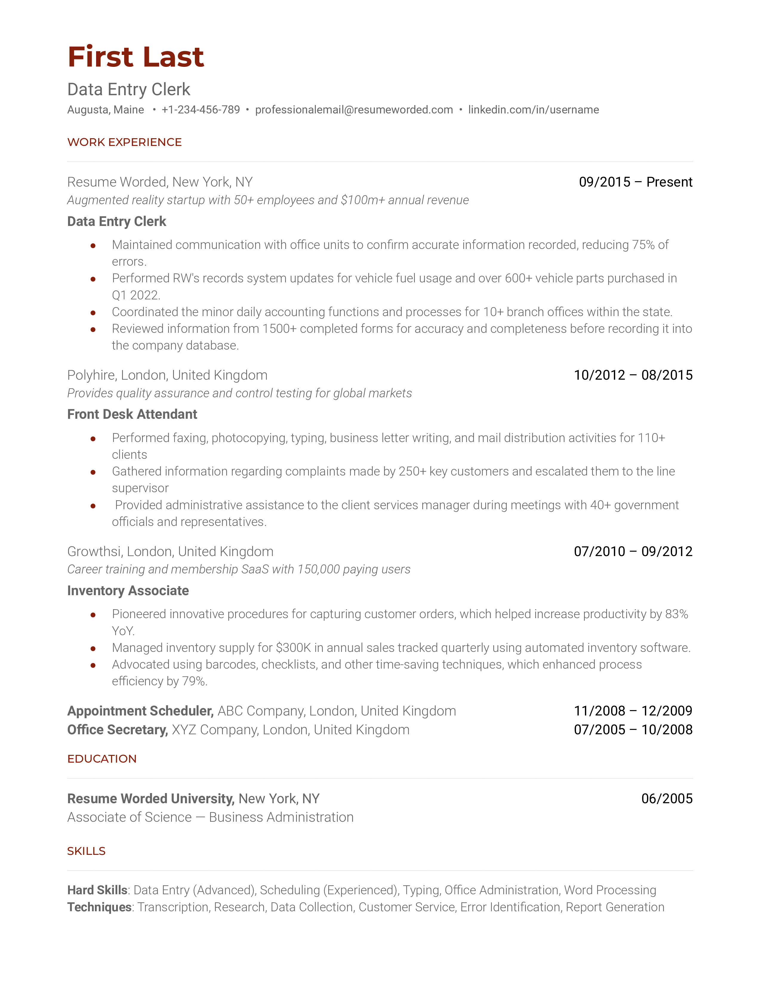 Data Entry Clerk resume showcasing software skills and accuracy