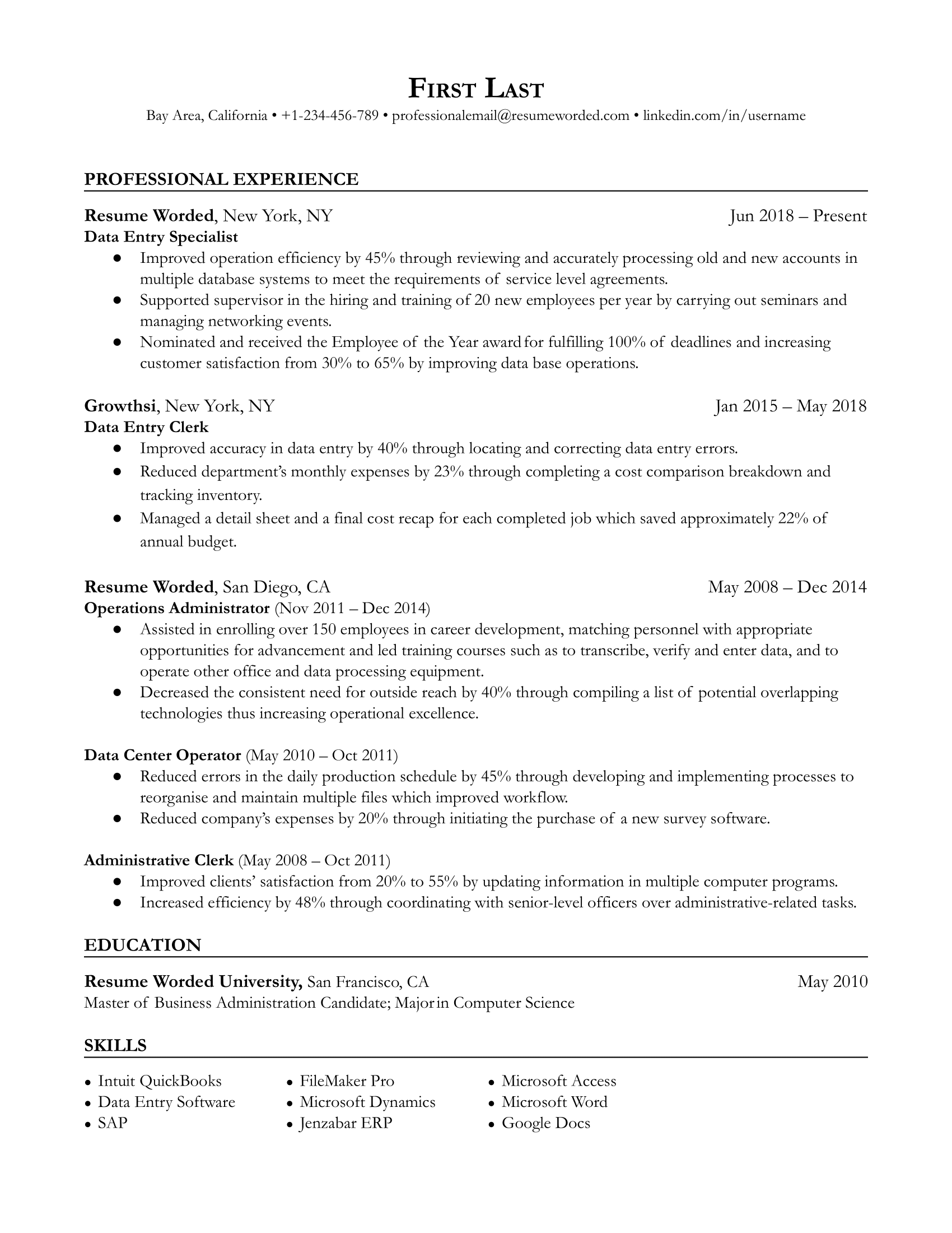 Data Entry Specialist Resume Sample