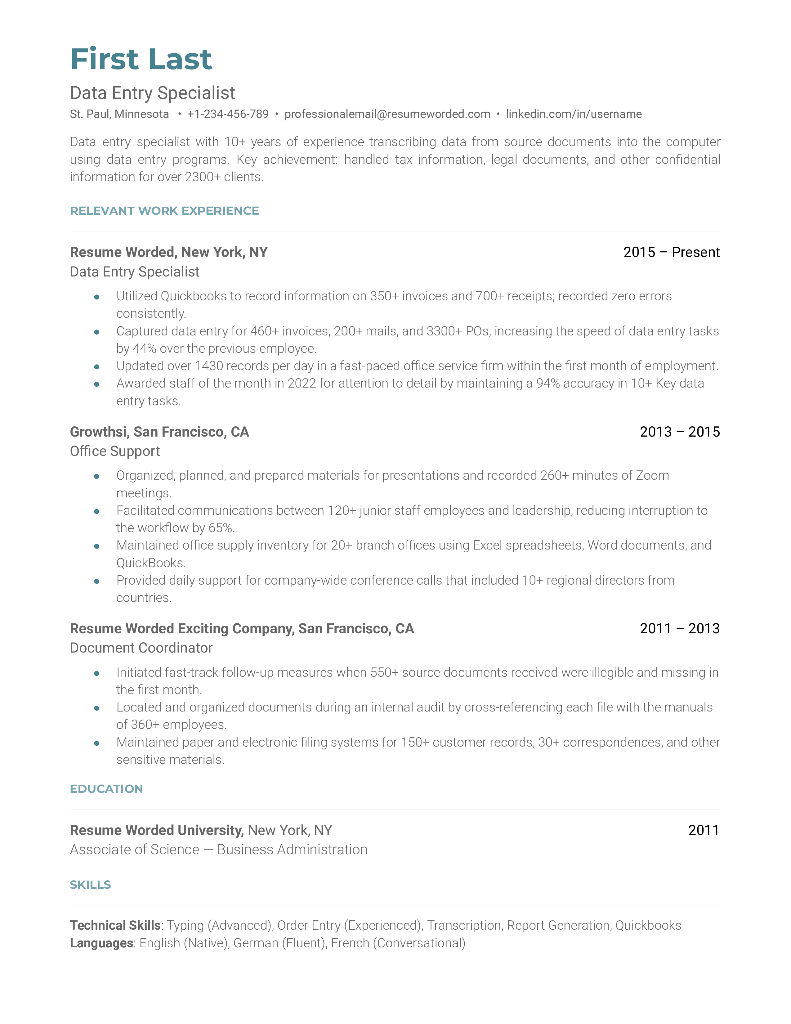 Data Entry Specialist resume with emphasis on software proficiency and typing speed.