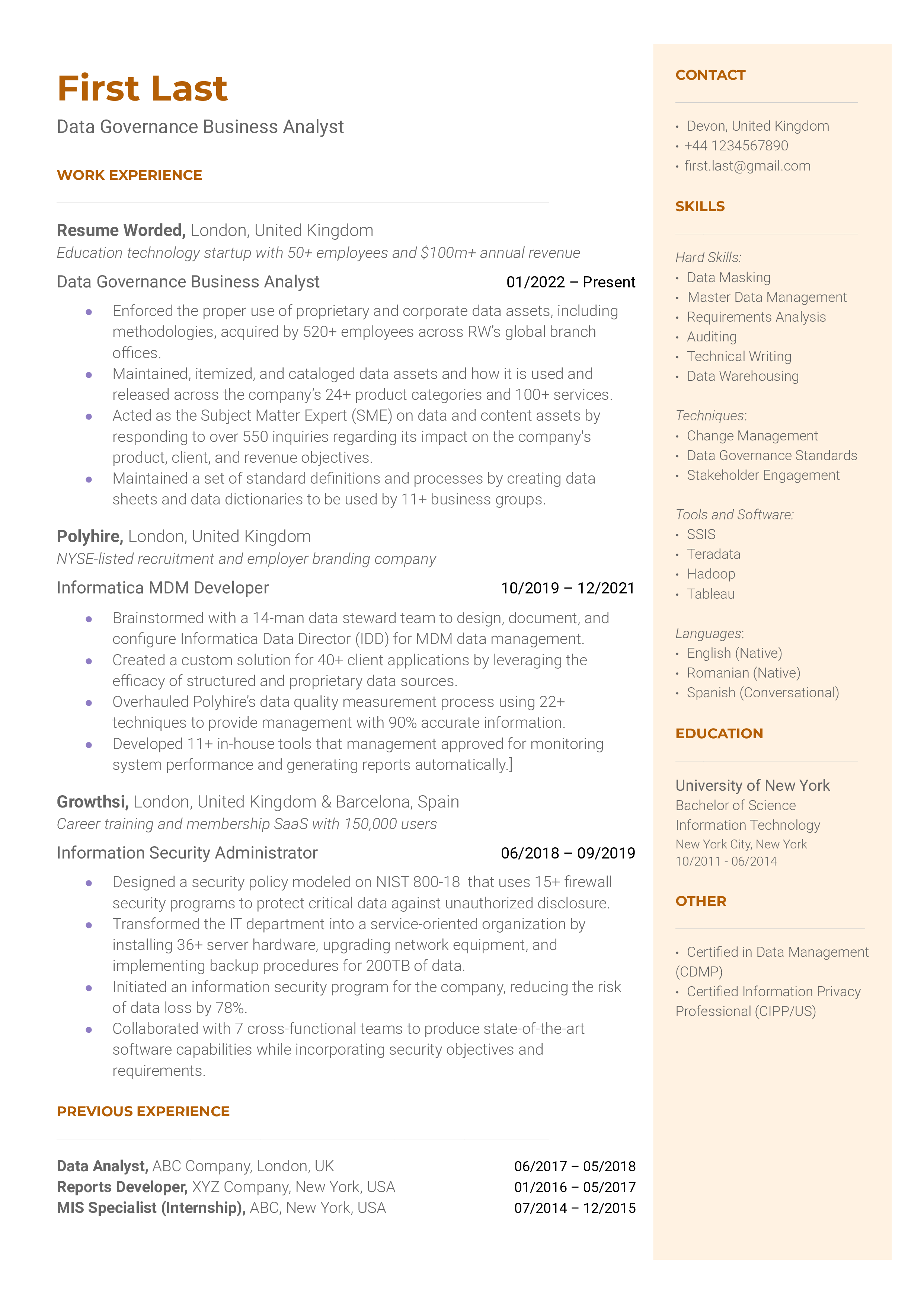 A data governance business analyst resume template emphasizing achievements. 