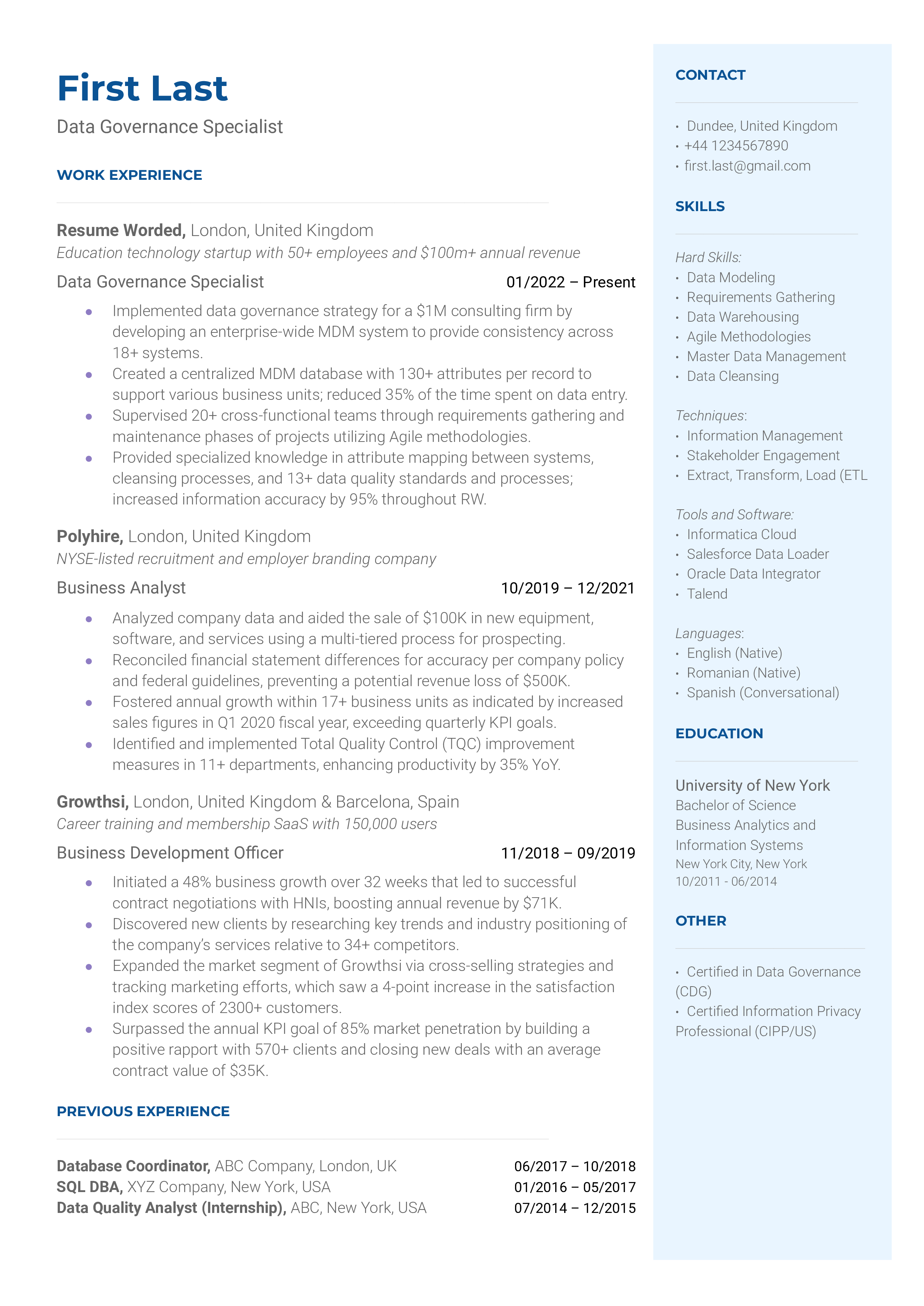 A CV for a Data Governance Specialist showcasing regulatory knowledge and technical skills.