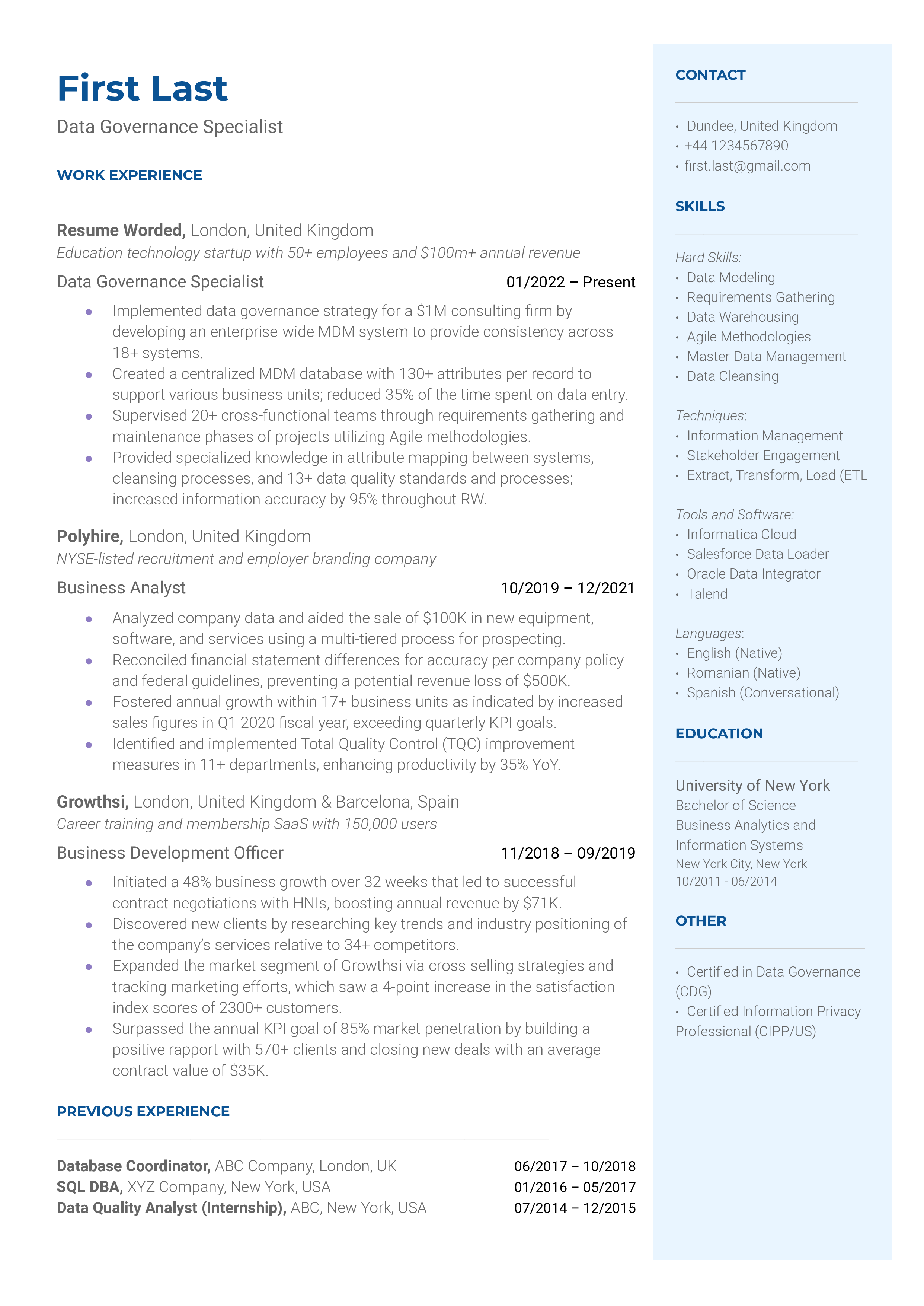 Data Governance Specialist Resume Sample