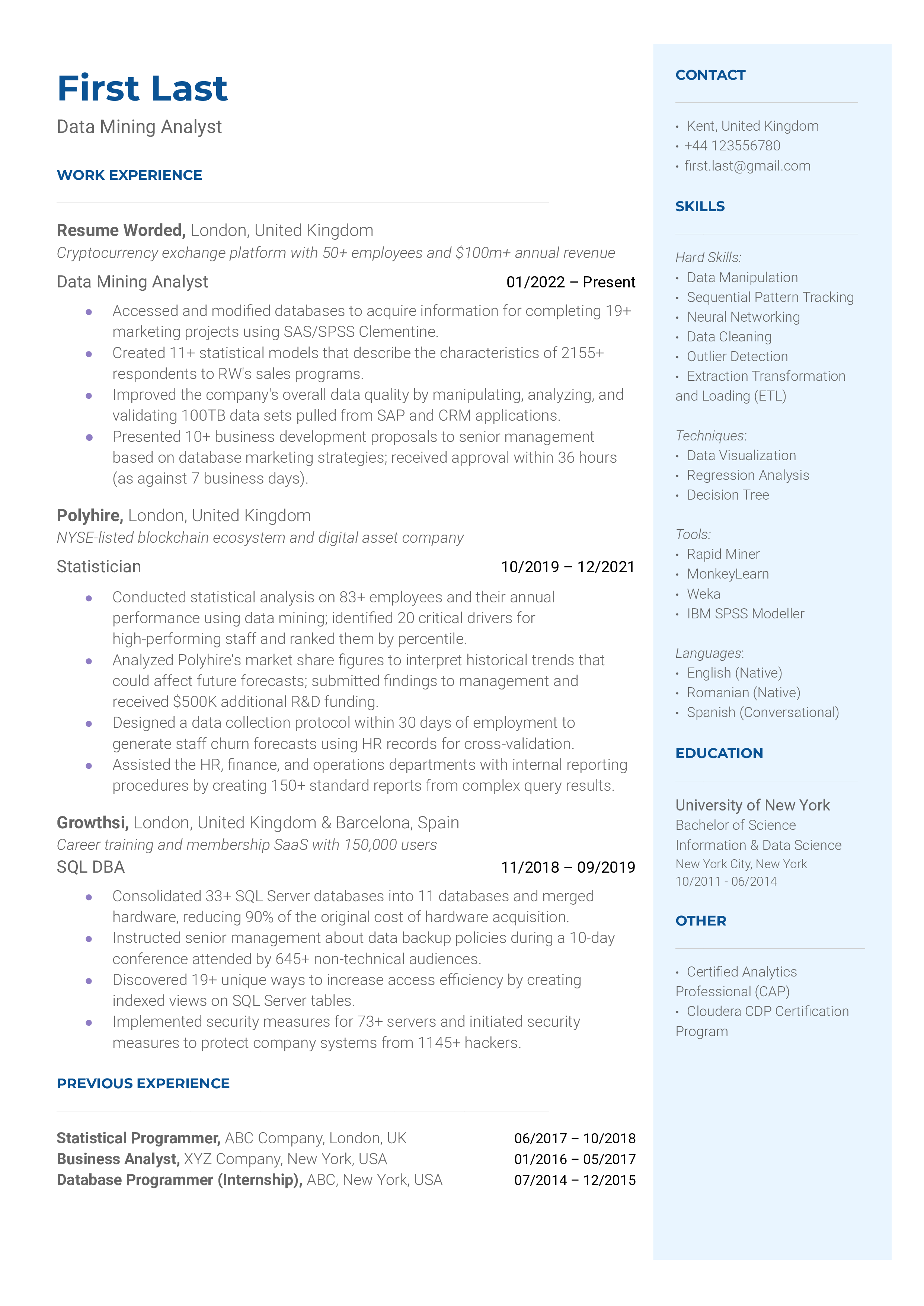 A CV screenshot highlighting technical skills and experiences for a Data Mining Analyst role.