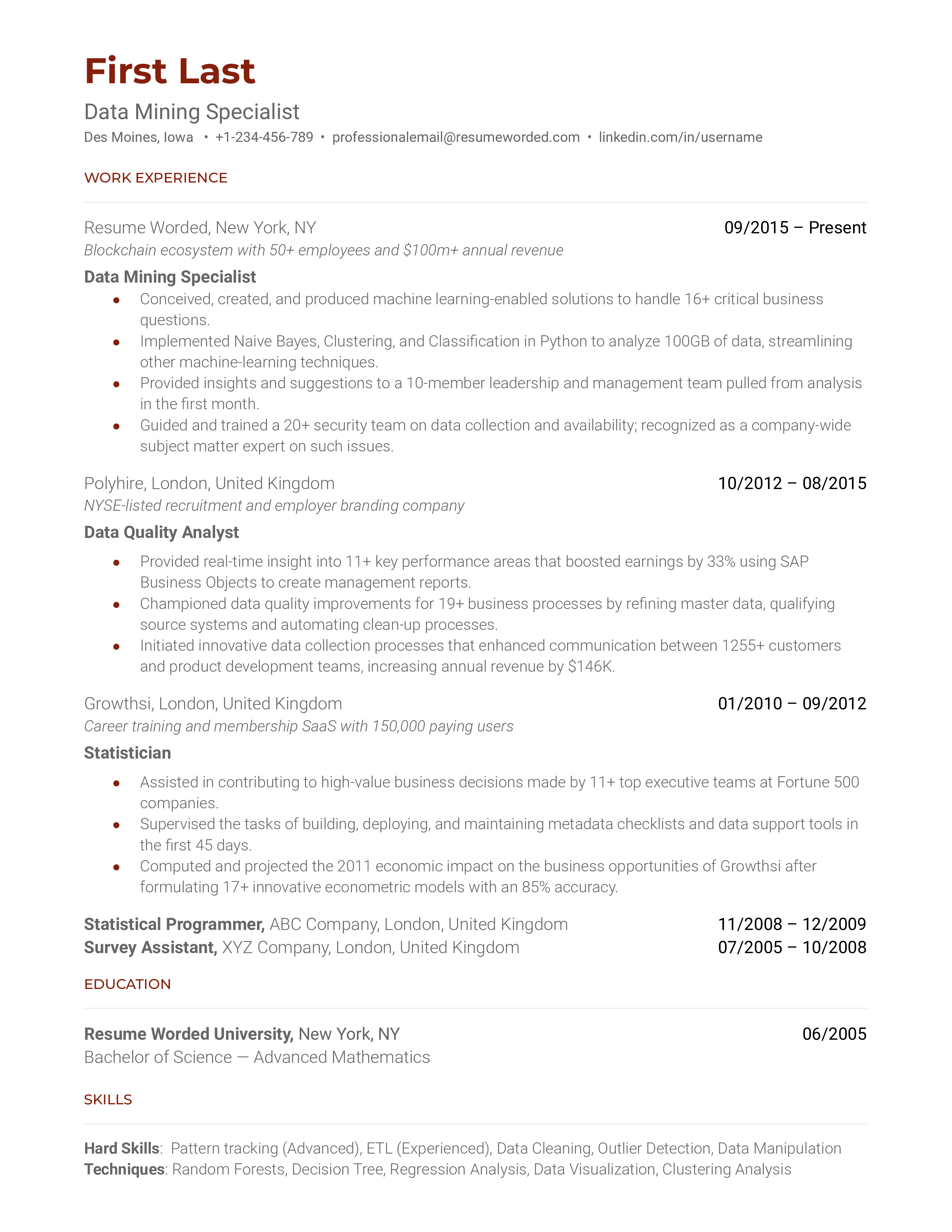 A data mining specialist resume template including only industry-relevant experience.