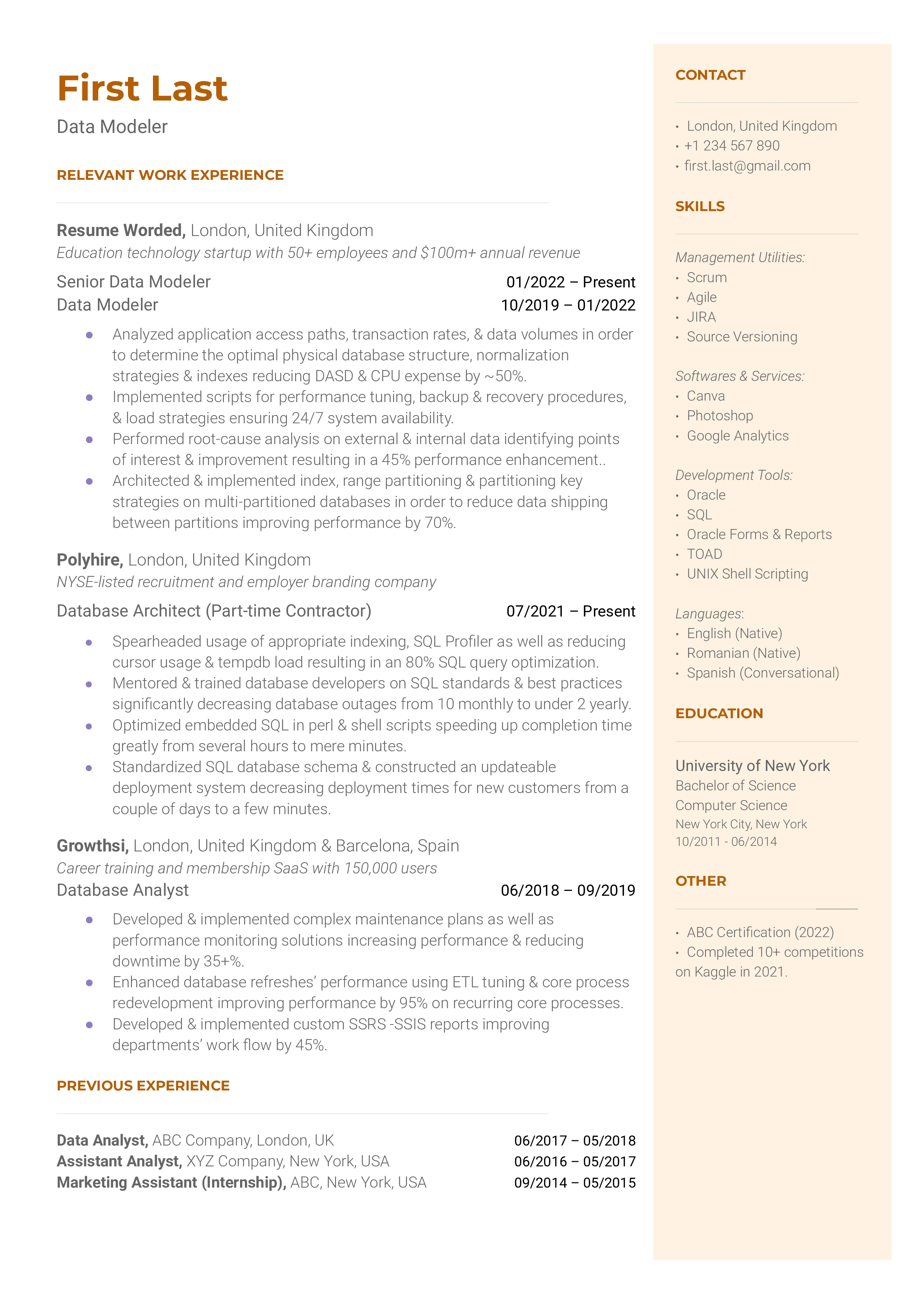A data modeler resume template showing the applicant's experience in various data modeling techniques and technologies.