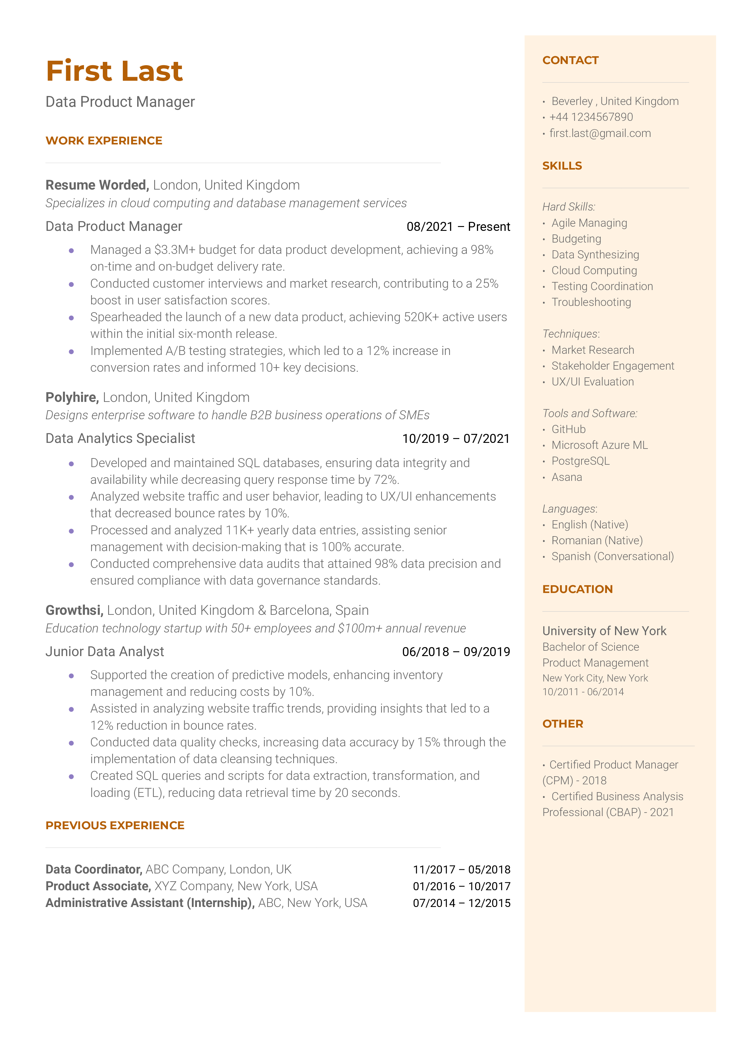 A well-structured resume for a Data Product Manager role.