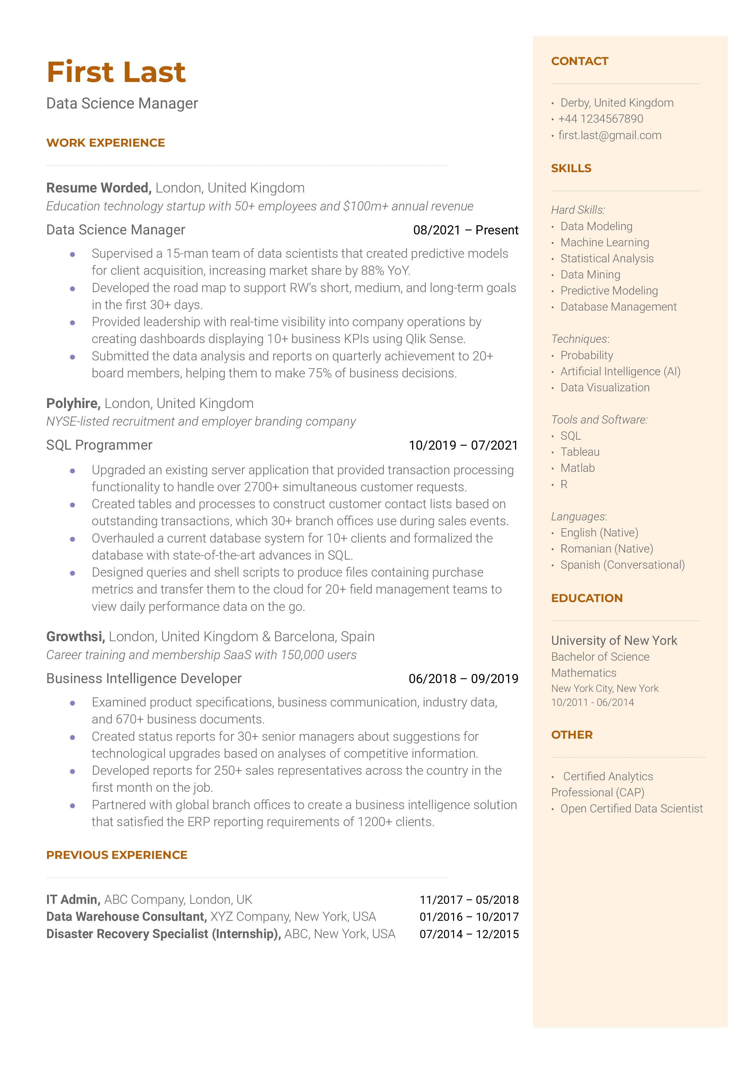 A well-structured CV tailored for the role of Data Science Manager.