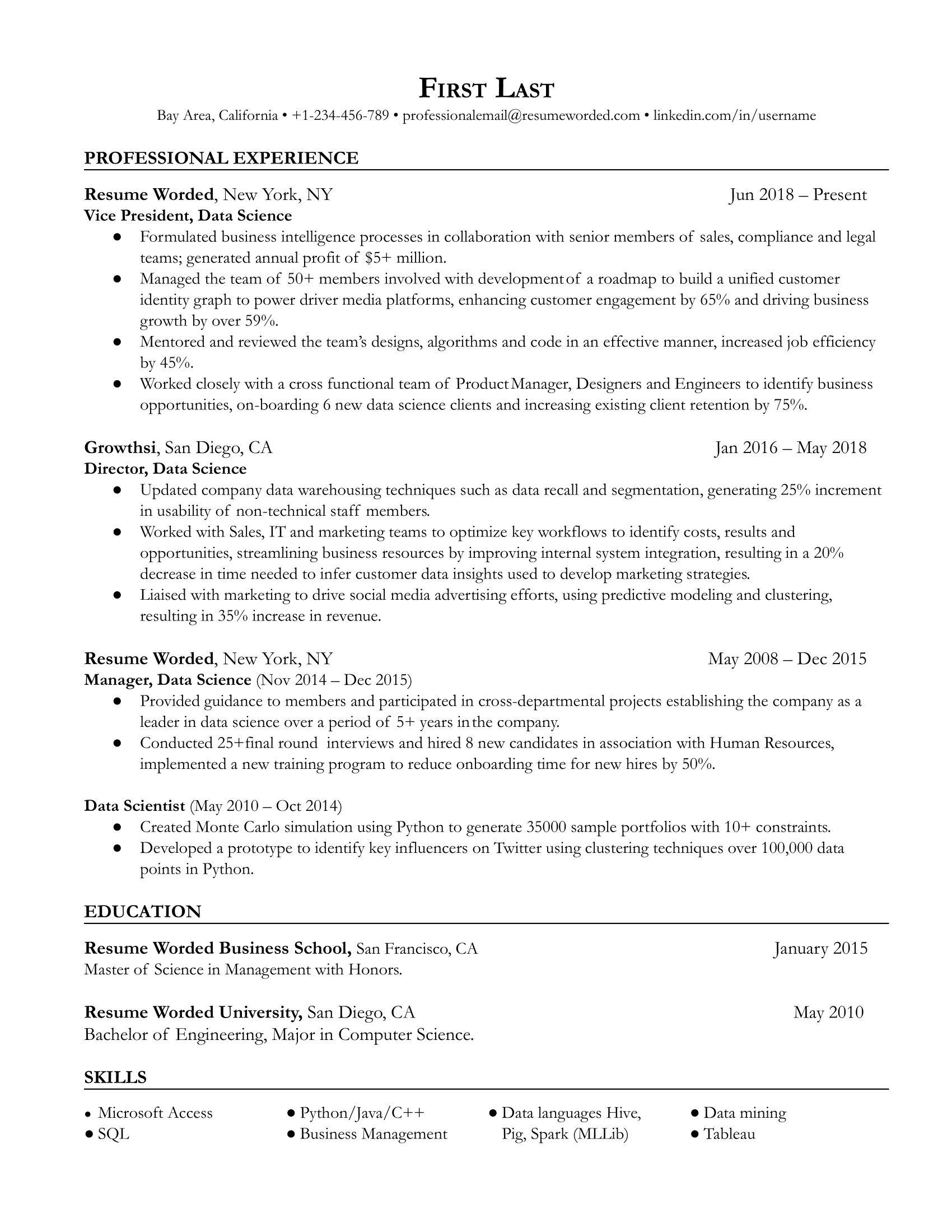 A professional resume of a candidate applying for a Data Science Vice President role.