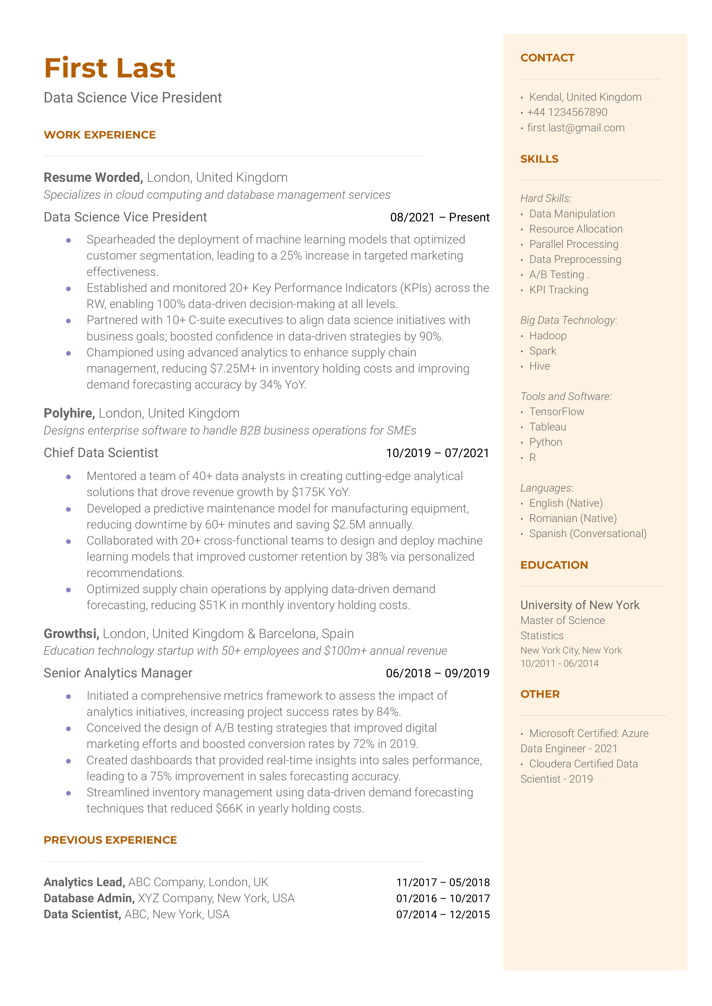 A CV for a Vice President of Data Science showcasing technical, business, and leadership expertise.