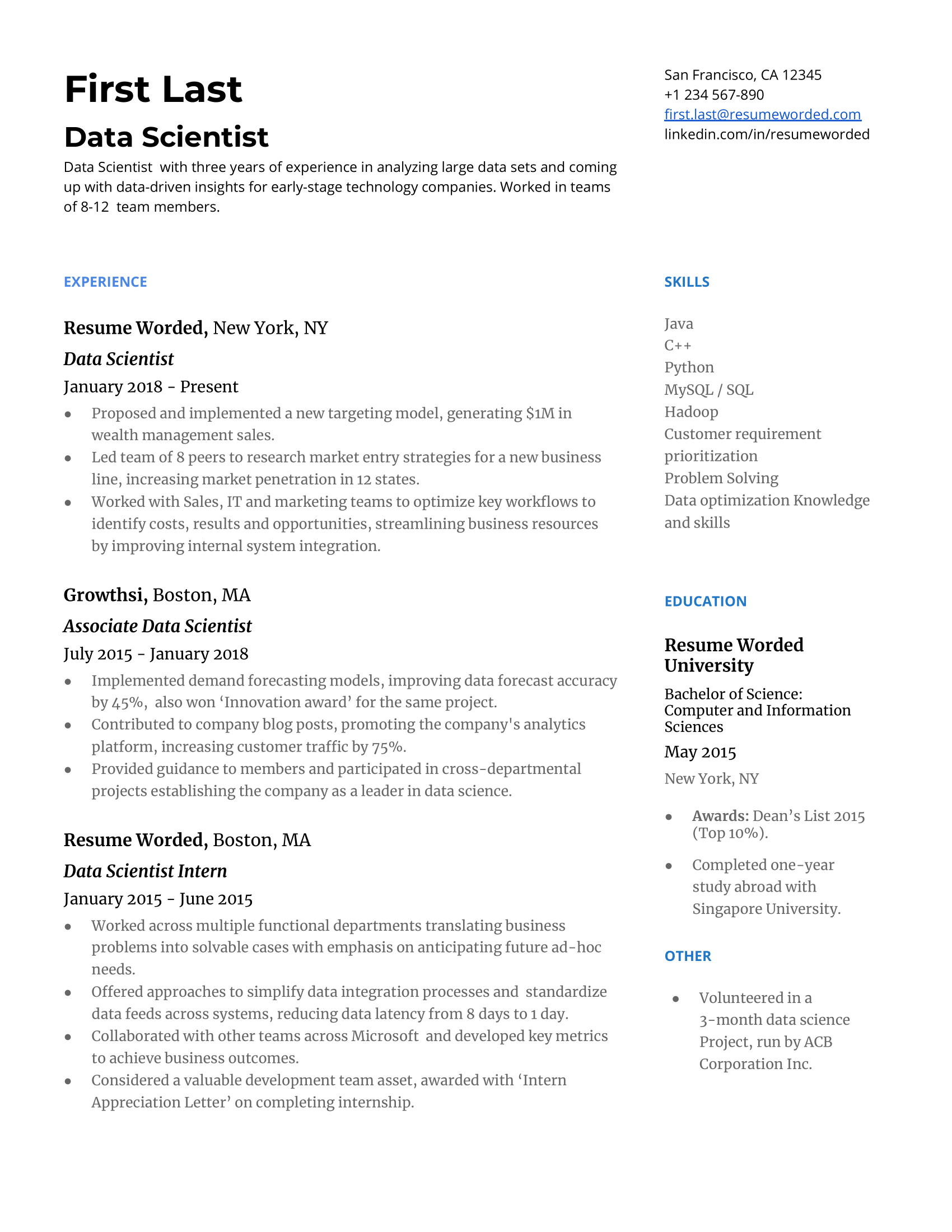 A data scientist resume template including big data and programming skills.