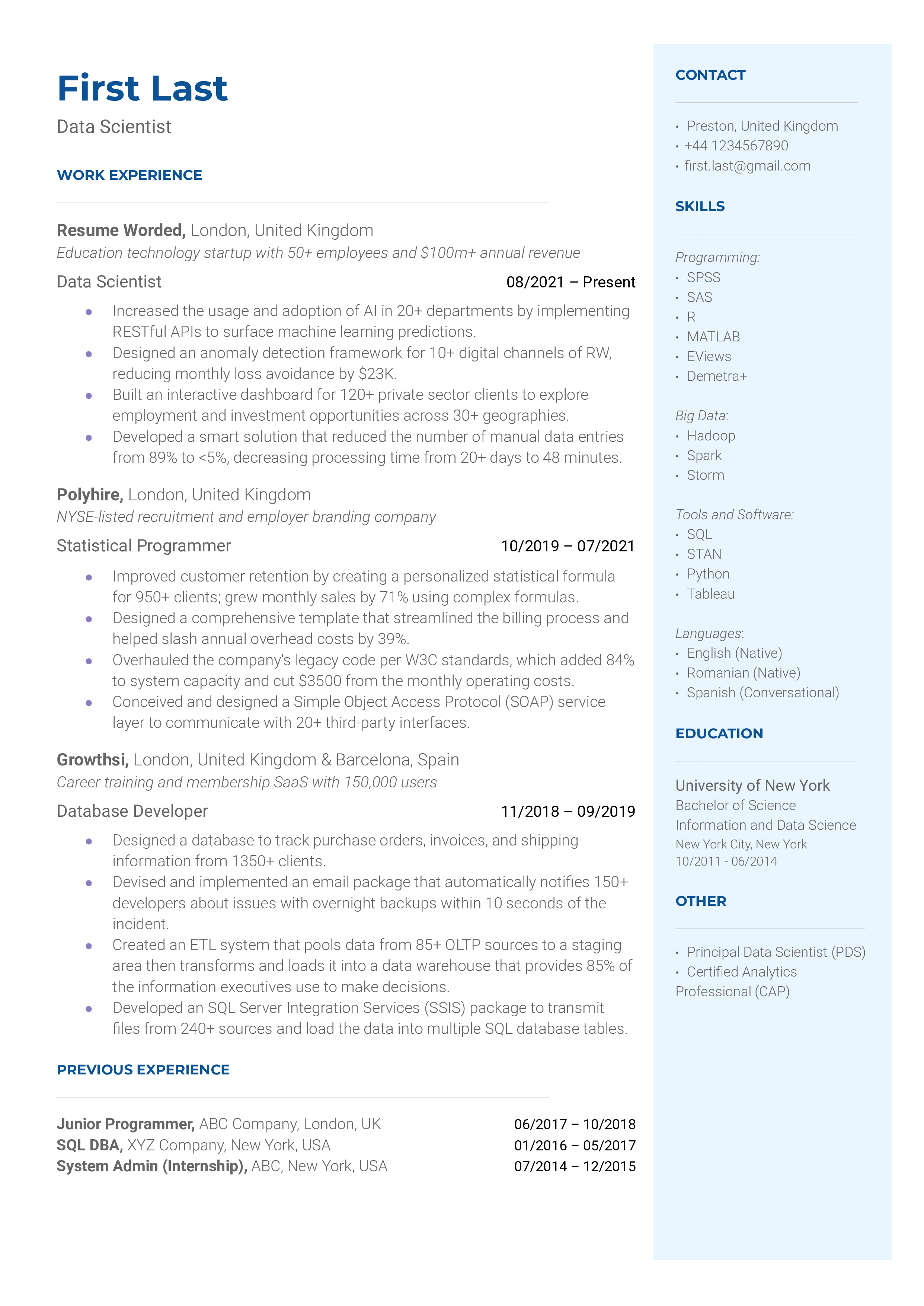 A data scientist resume template including big data and programming skills.
