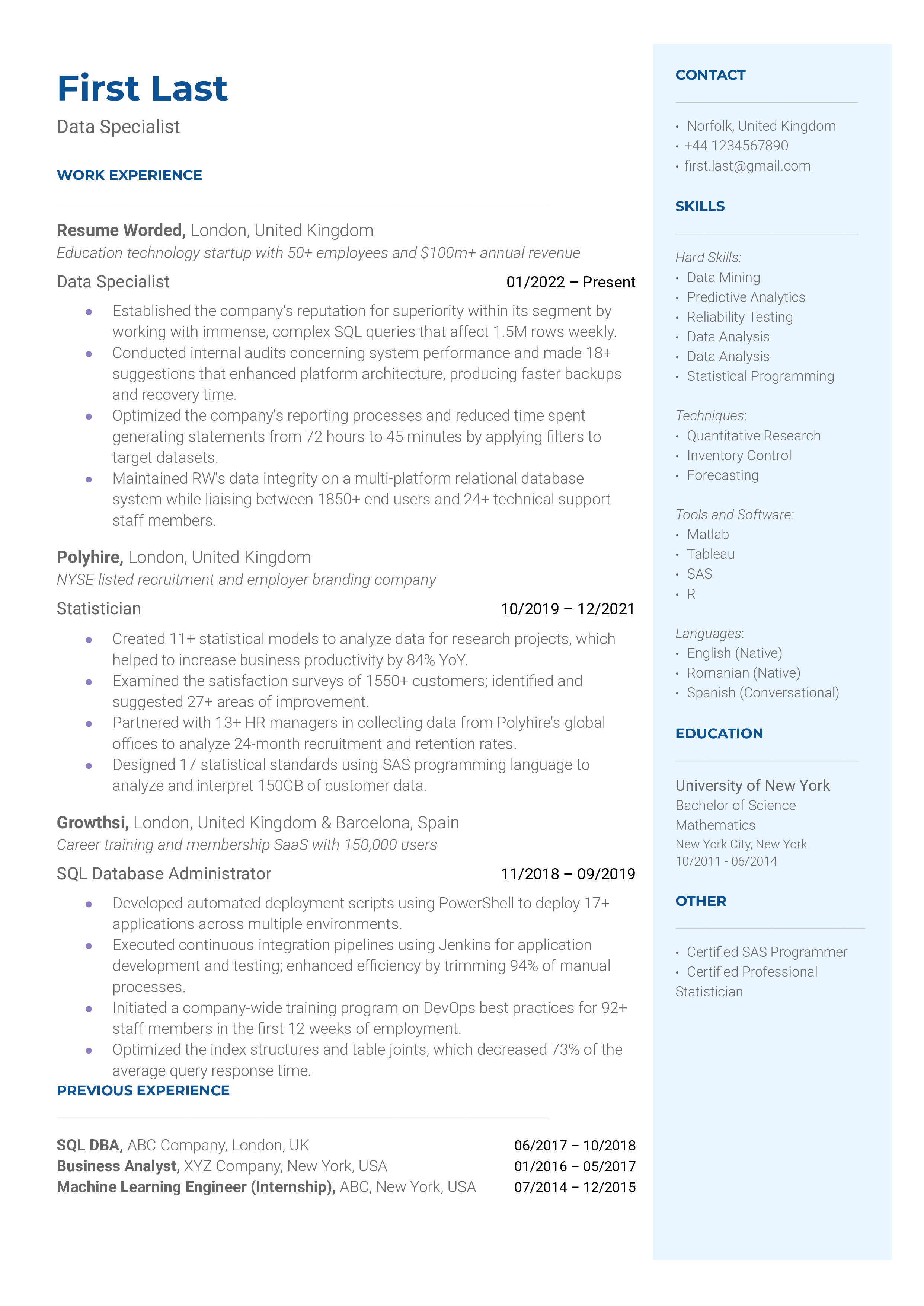 A data specialist resume template highlighting achievements.