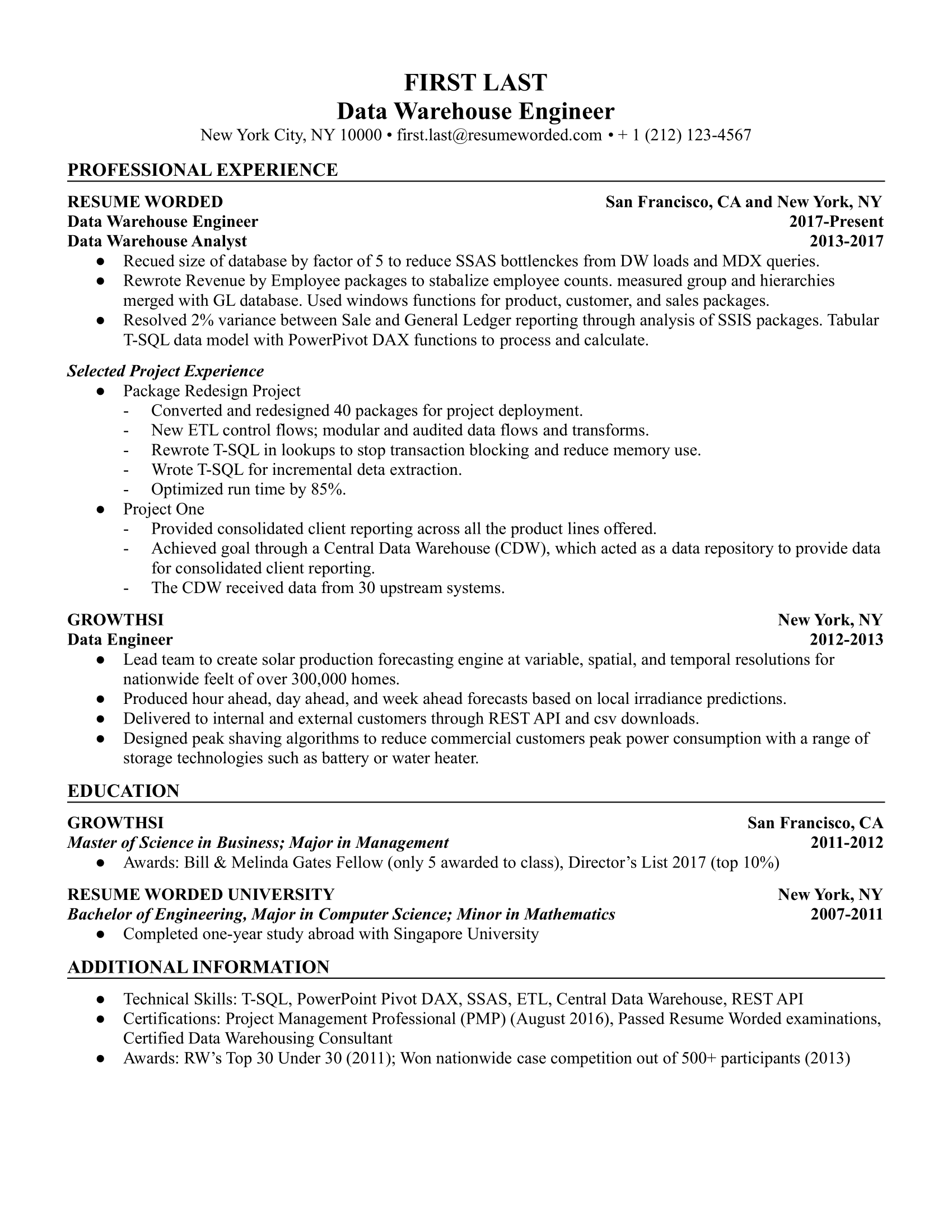 A well-structured CV for a data warehouse engineer position