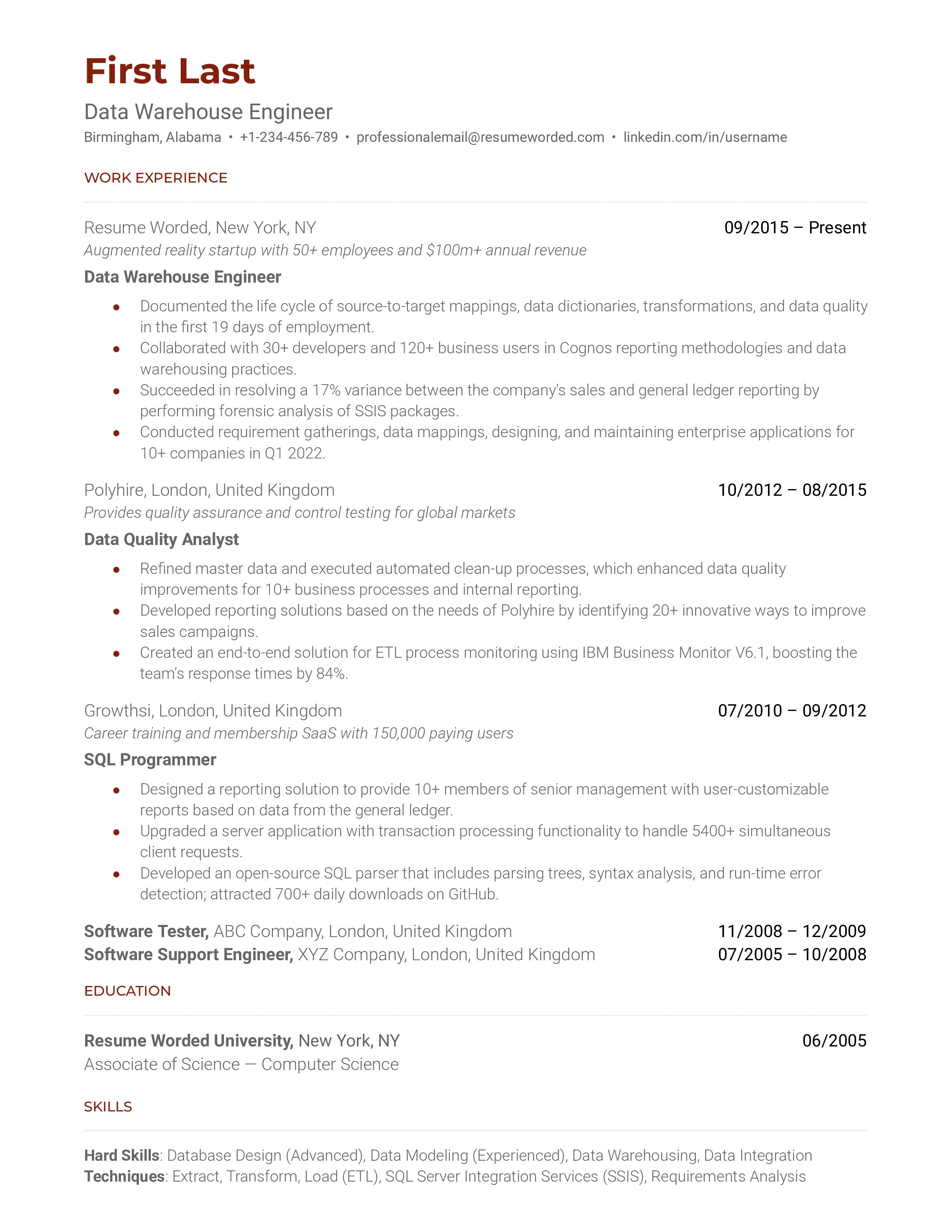 Data Warehouse Engineer resume showcasing tools and project success