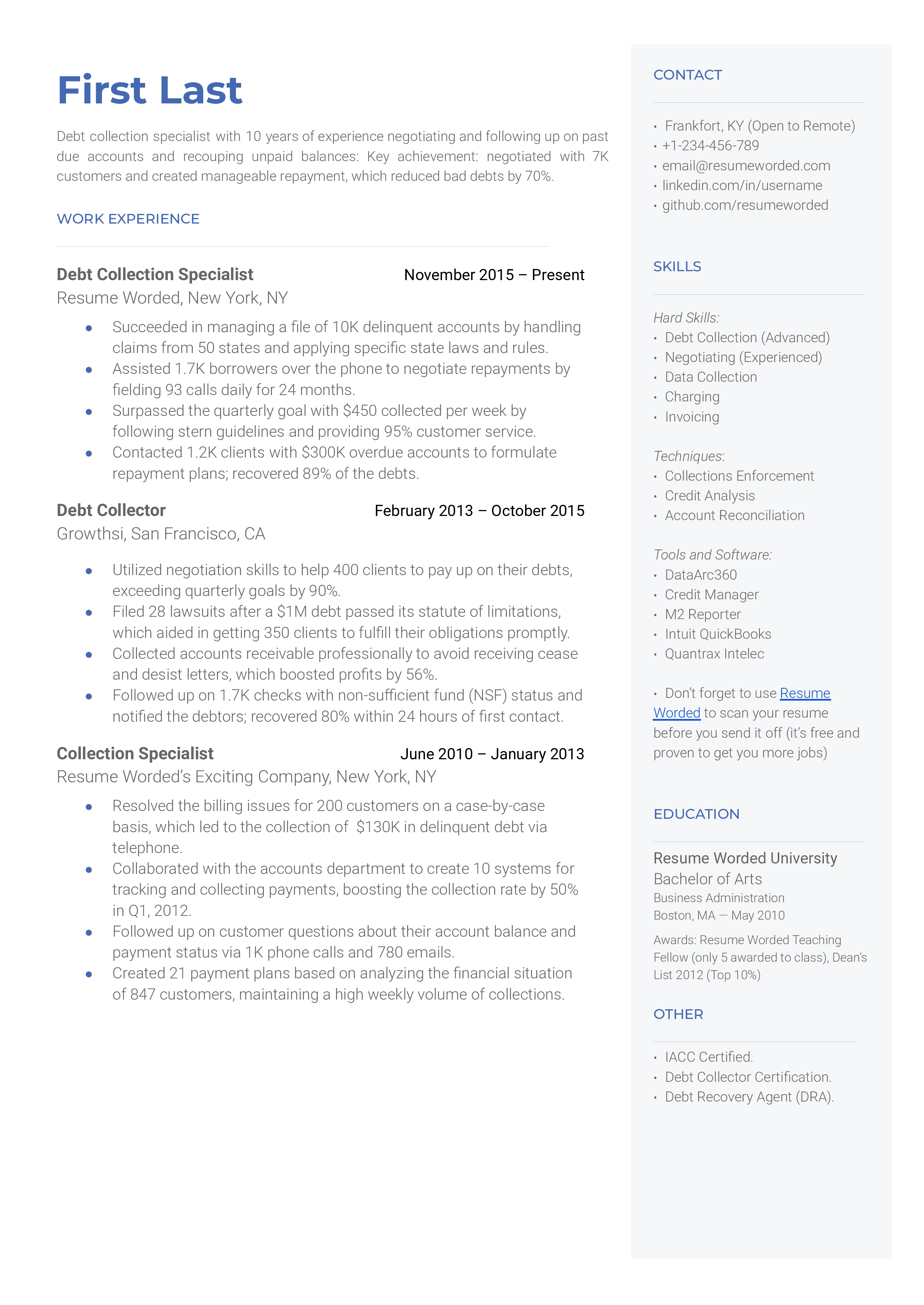 Debt Collection Specialist Resume Sample