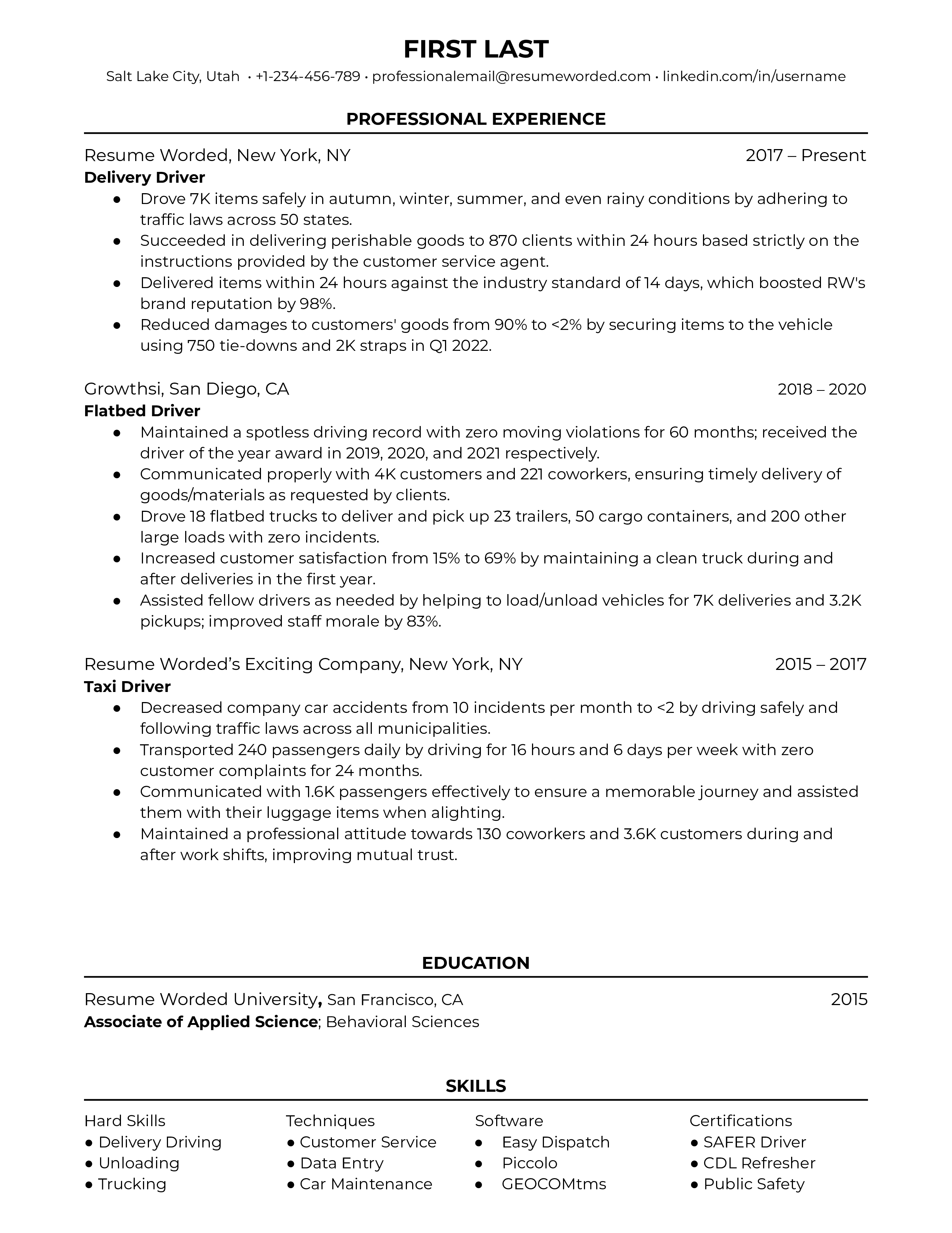A delivery driver resume sample that highlights the applicant’s specifications and varying experience.