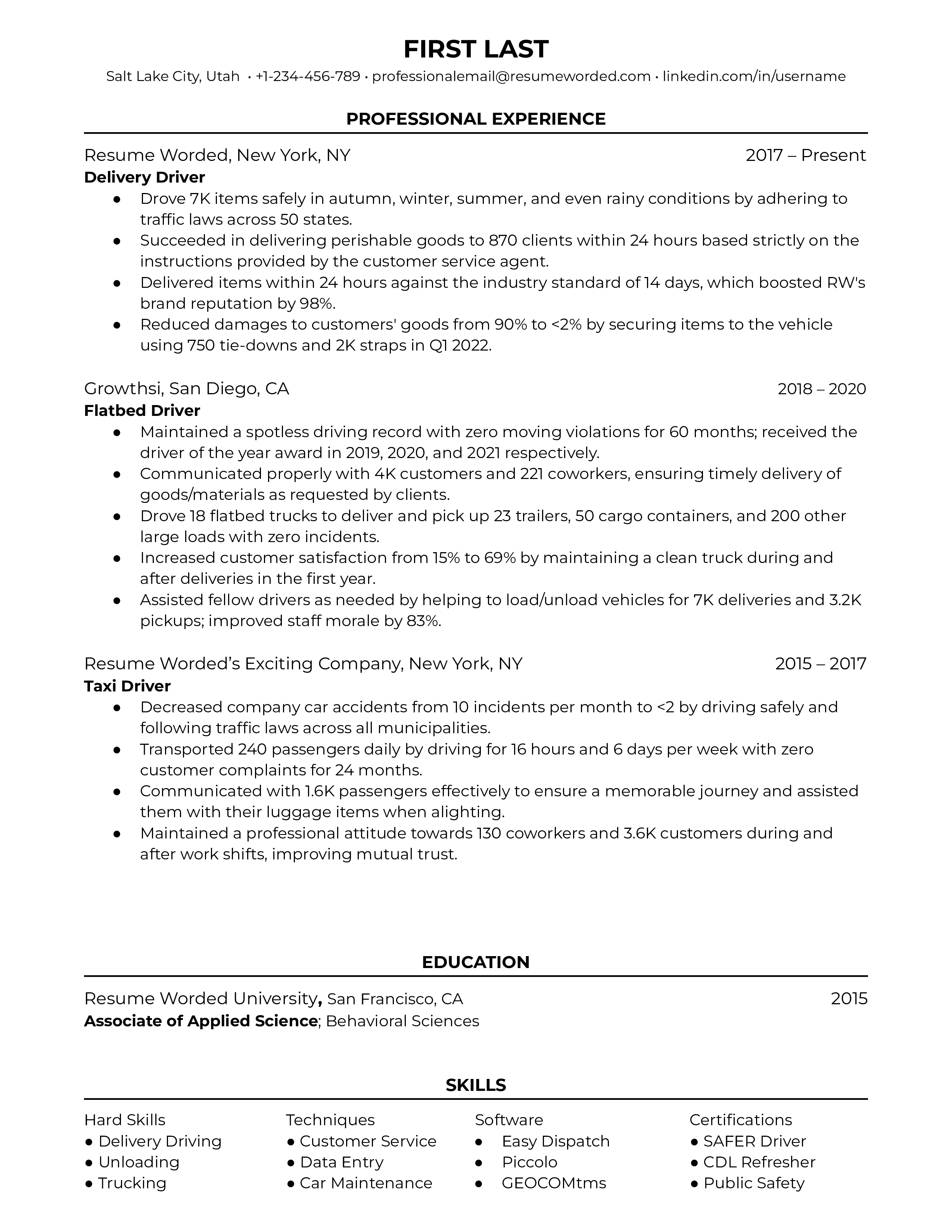 A detailed CV of a delivery driver showcasing relevant experiences and certifications.