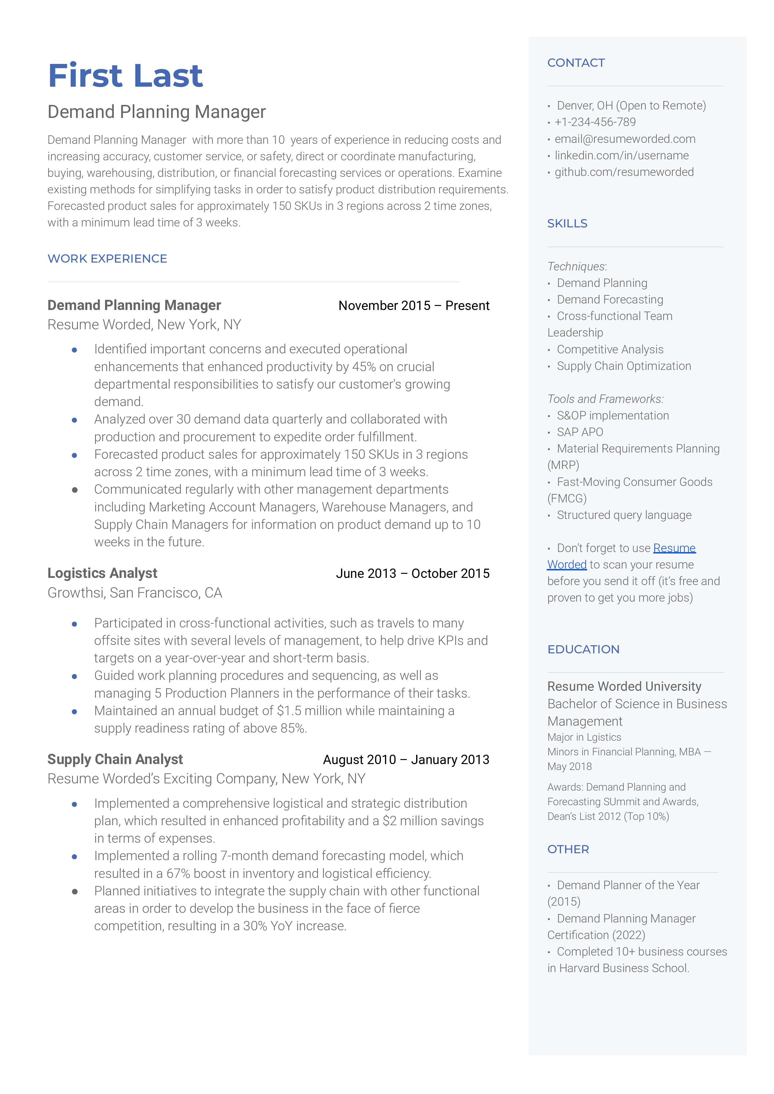 A demand planning manager resume template that outlines work experiences and relevant skills