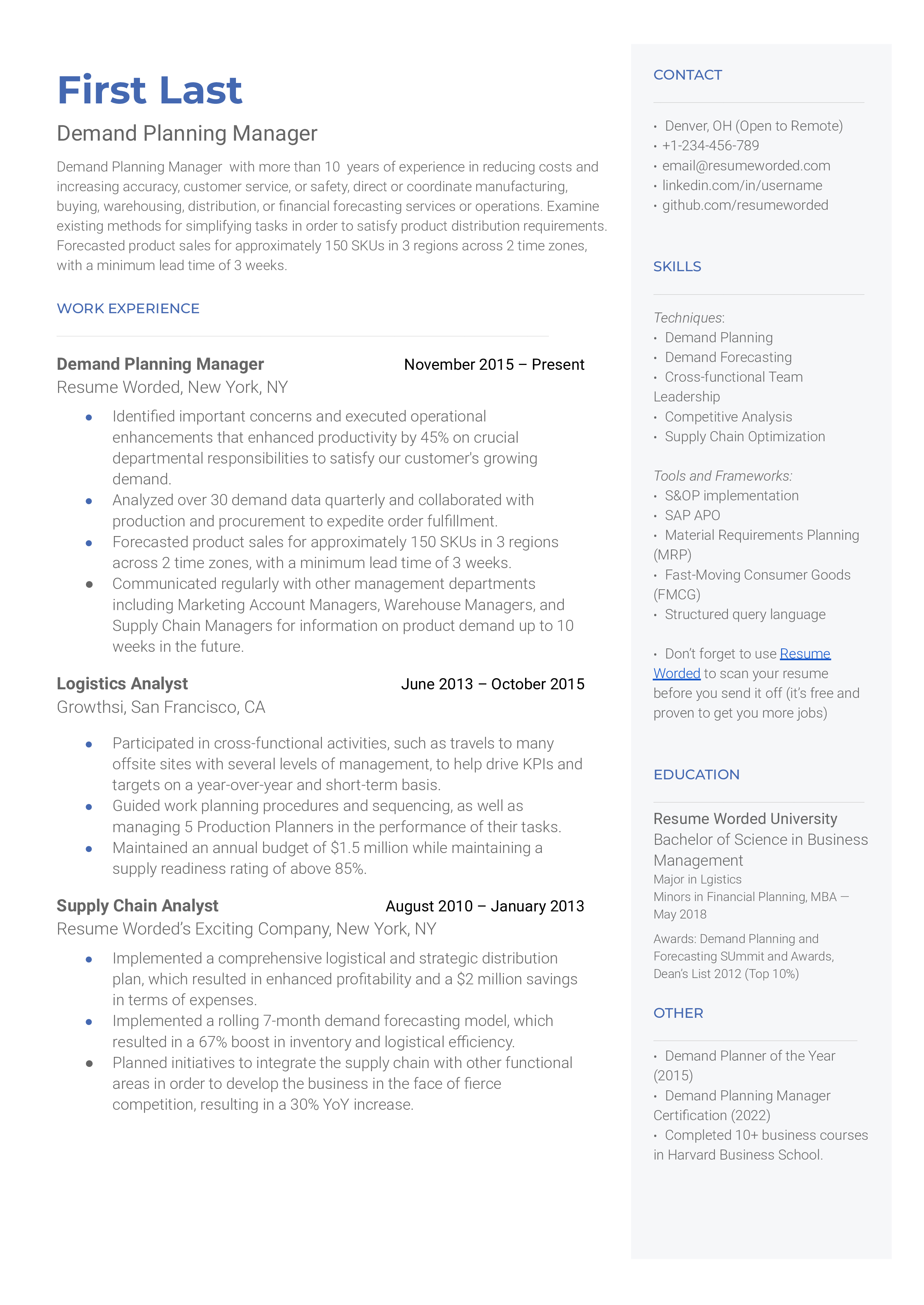 2 Demand Planning Manager Resume Examples for 2025 | Resume Worded