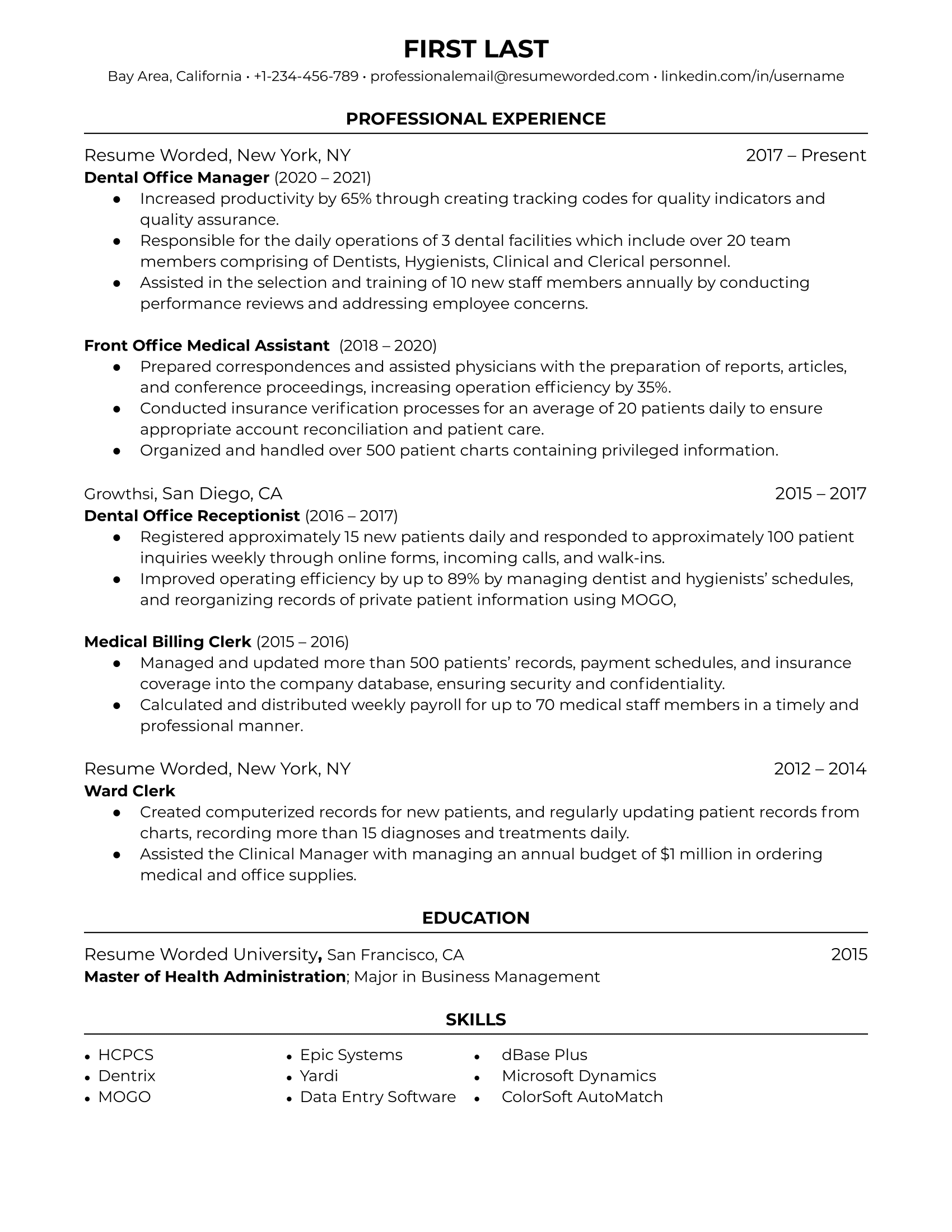 Dental Office Manager resume highlighting software proficiency and patient relations experience.