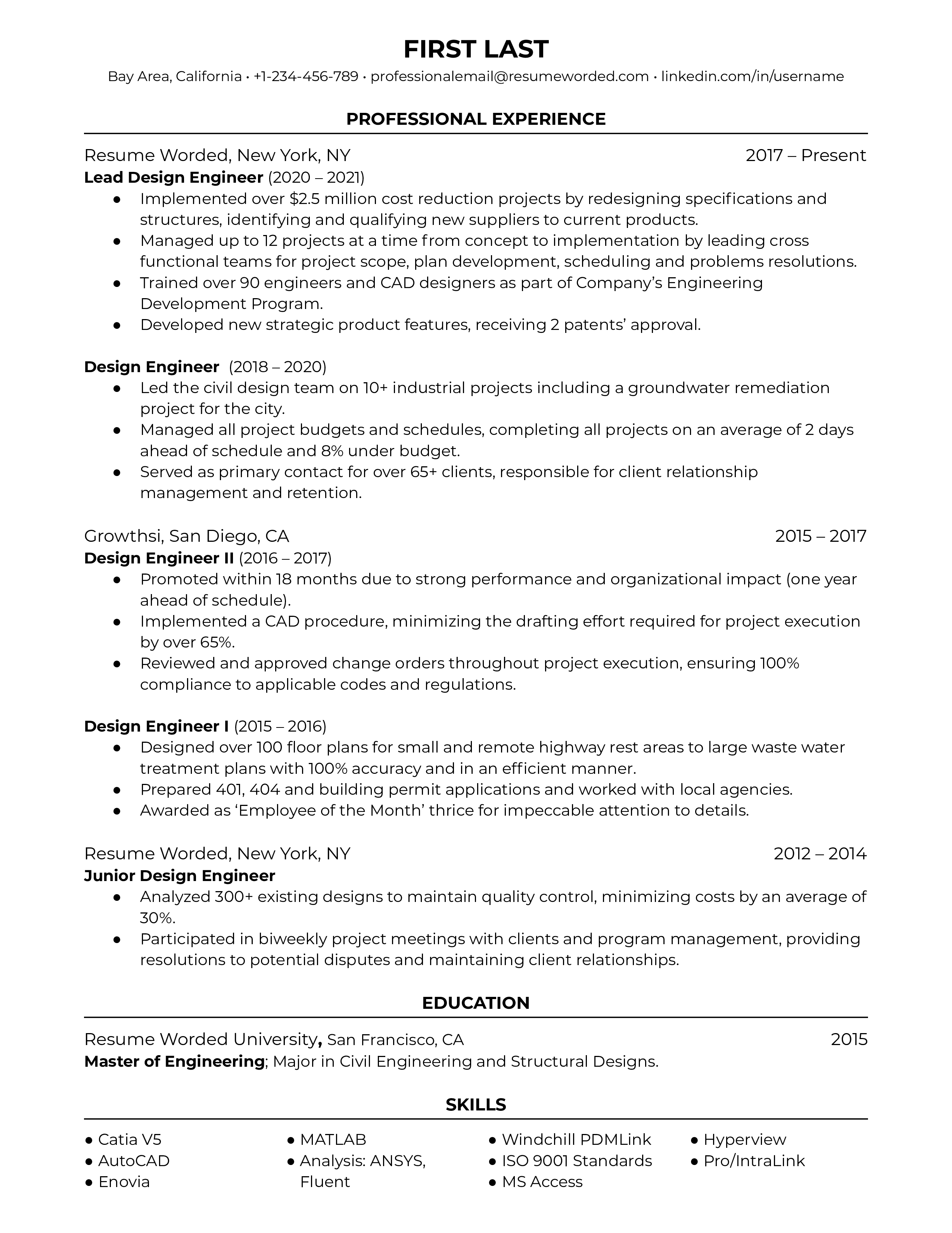 A resume for a design engineer with a degree in civil engineering and experience as a junior design engineer.