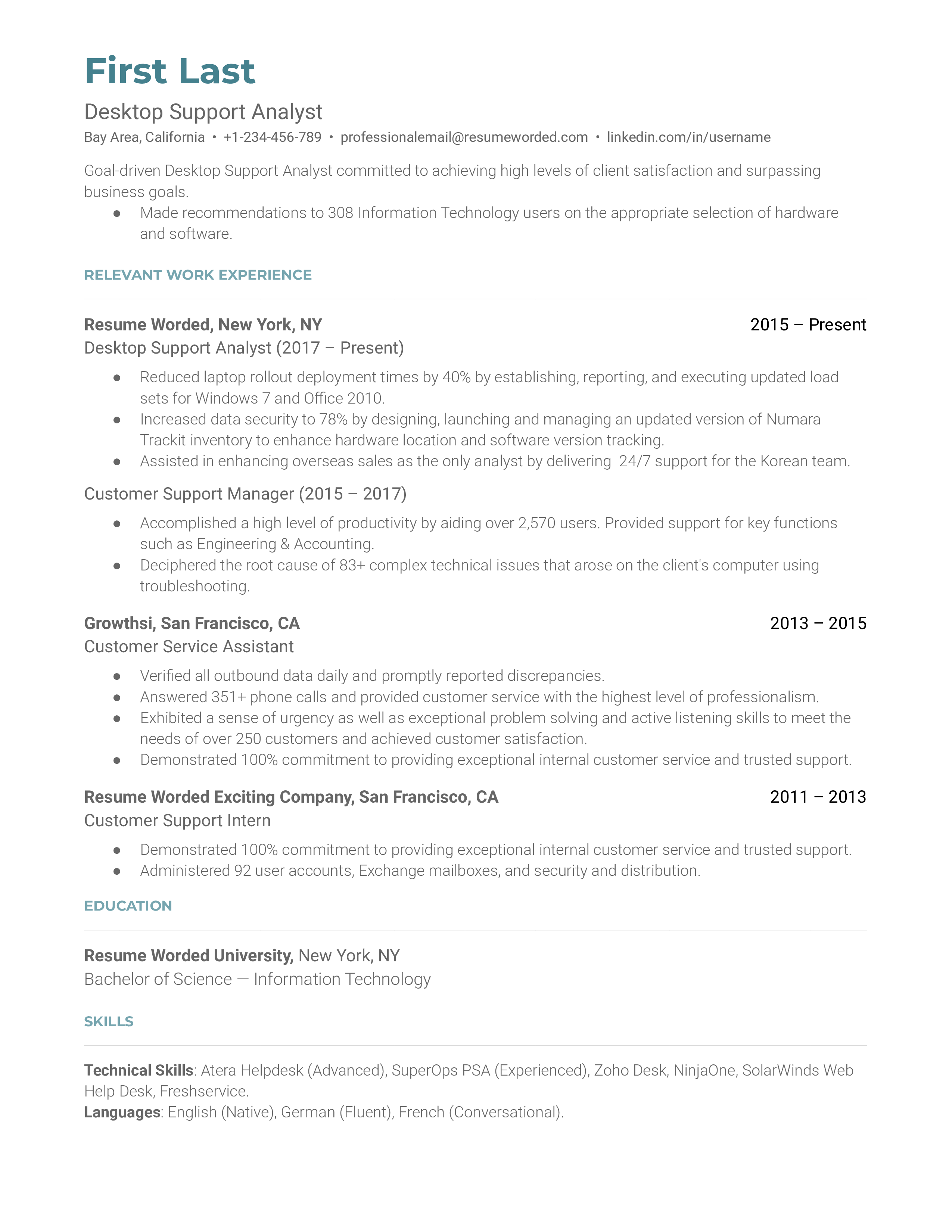 A Desktop Support Analyst resume highlighting relevant work experience.
