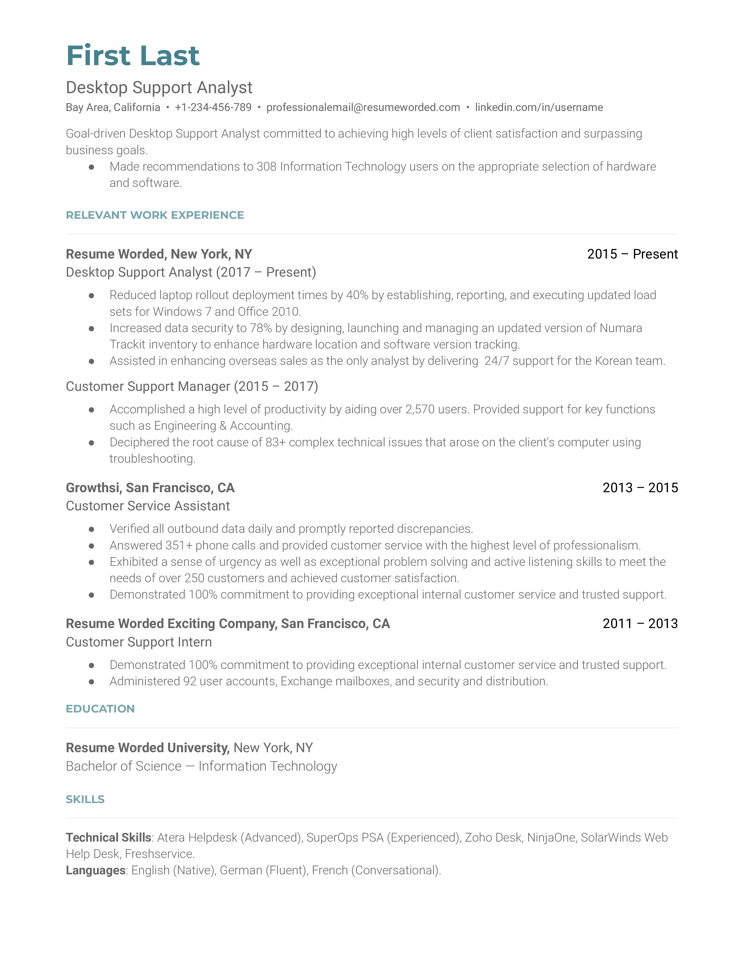 Desktop Support Analyst Resume Sample