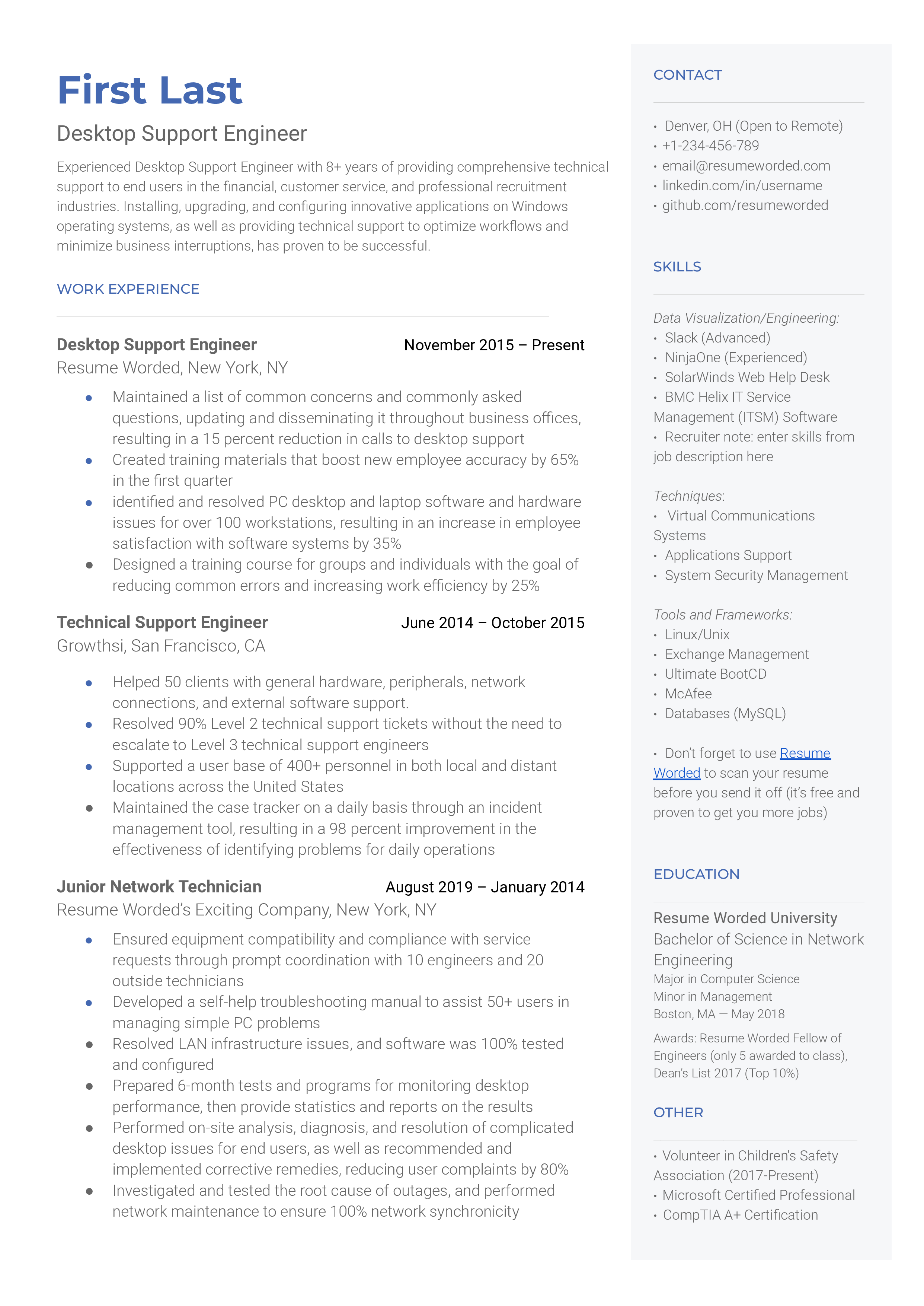 Skilfully crafted CV for Desktop Support Engineer role.