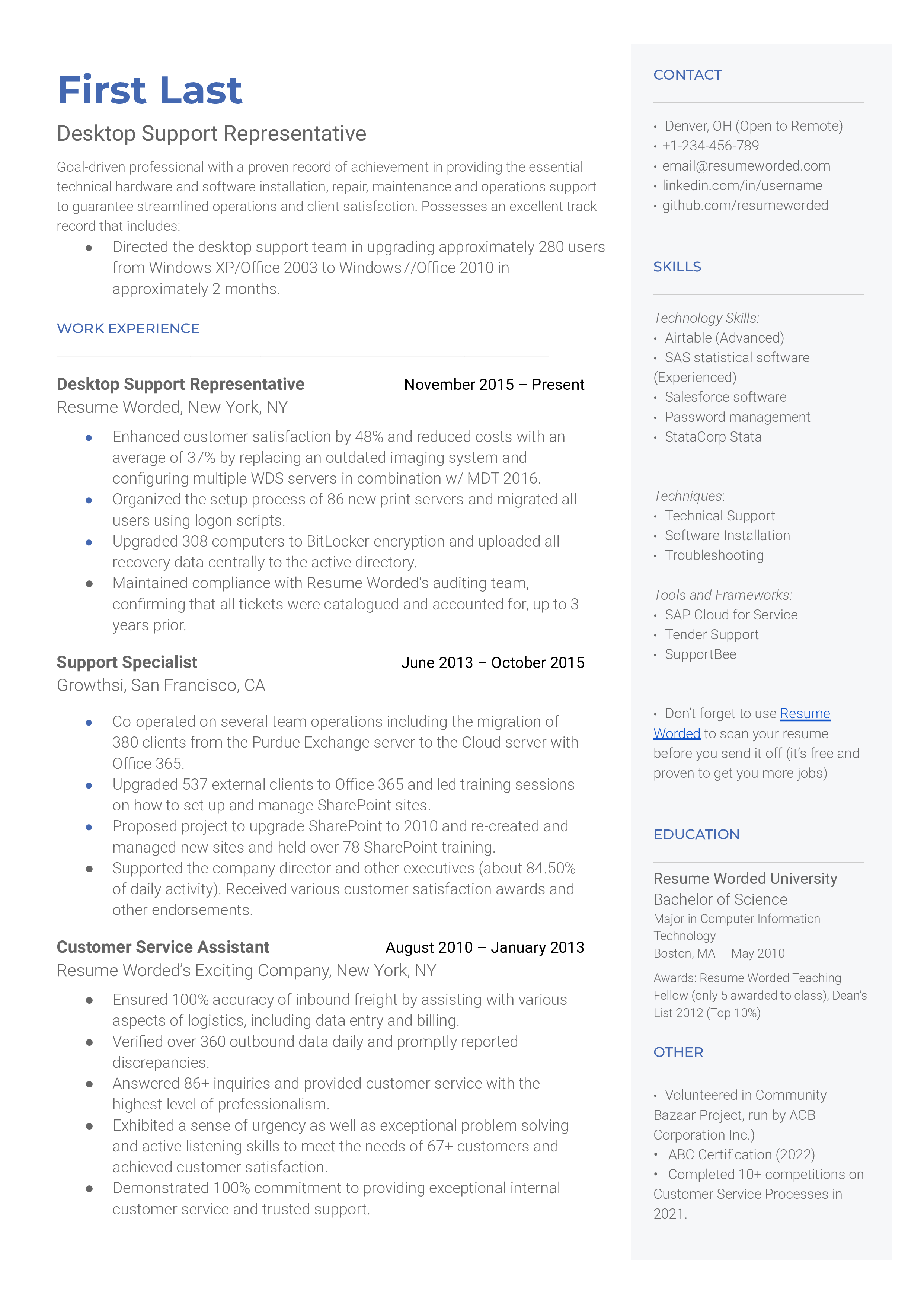 A well-structured CV of a Desktop Support Representative showcasing technical skills and problem-solving capabilities.