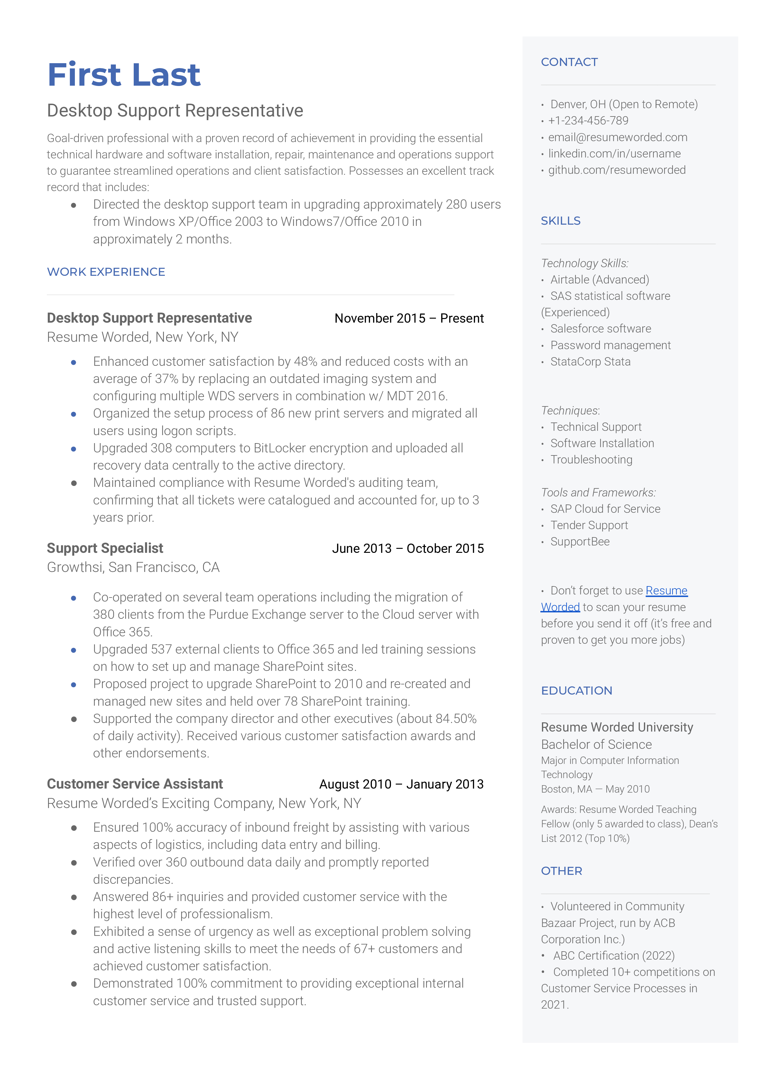 IT Help Desk Entry Level Resume Example For 2023 Resume Worded