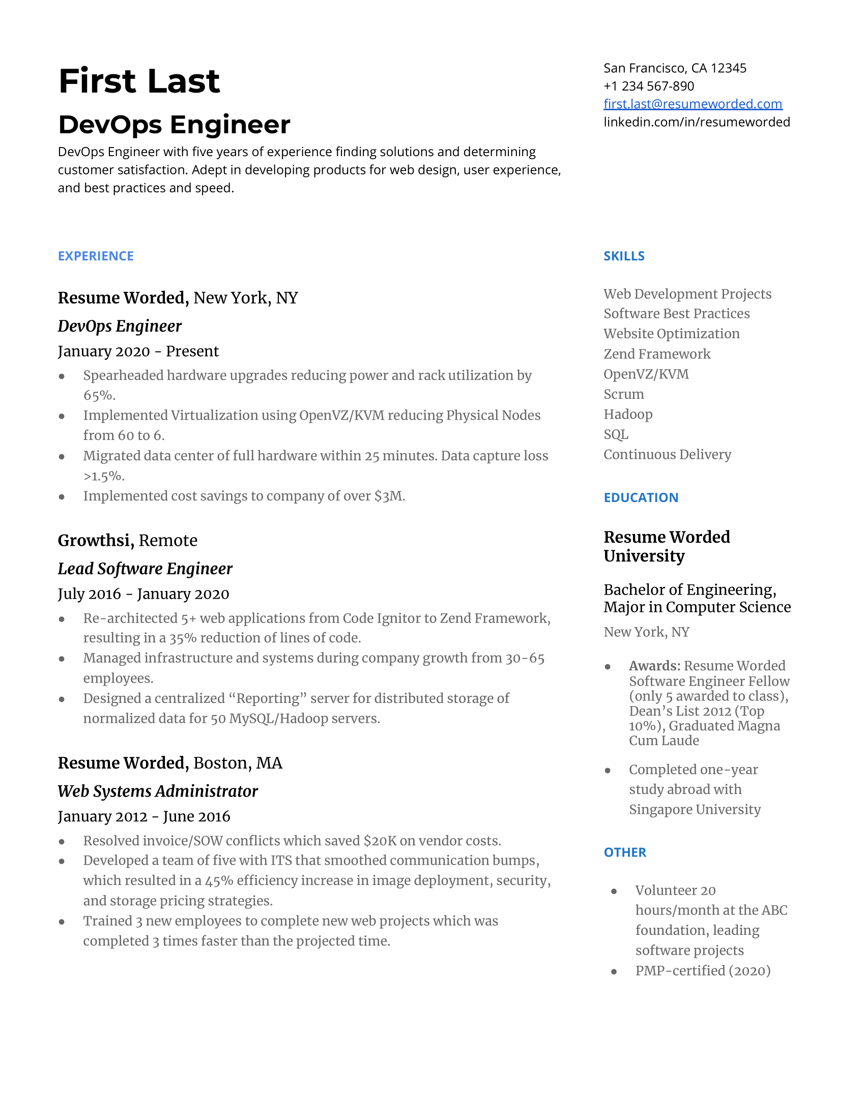 A DevOps engineer resume template prioritizing techniques and hard skills.
